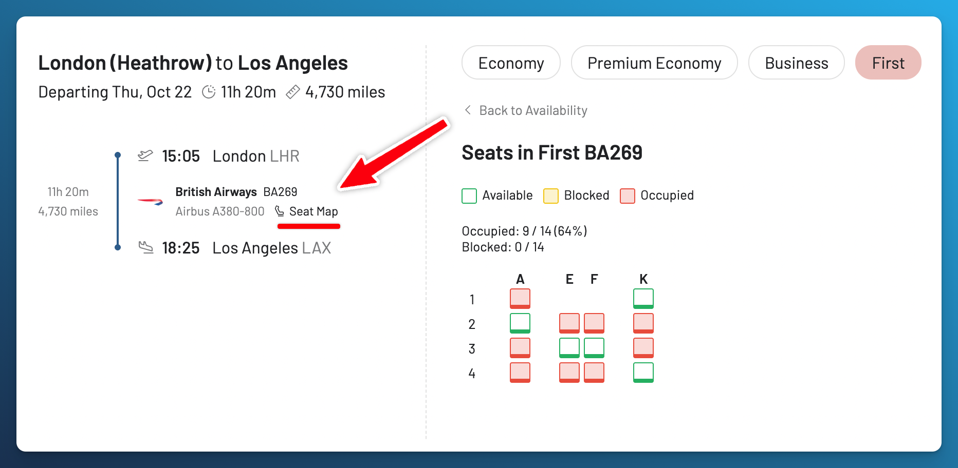 AwardFares Seat Map for BA269 showing 14 First seats, with nine occupied and five available for seat selection.