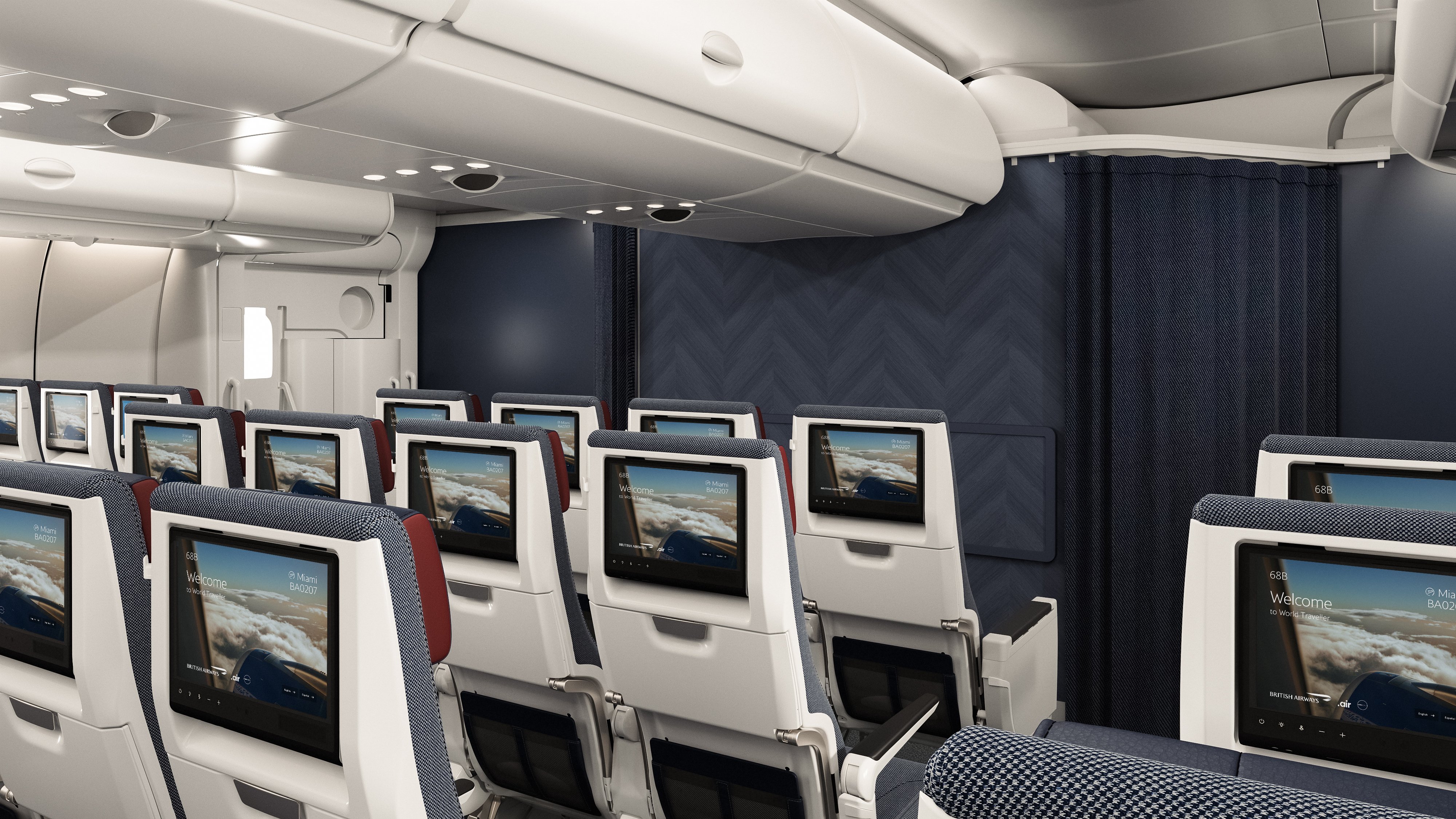 Seatback screens in the refurbished World Traveller cabin.