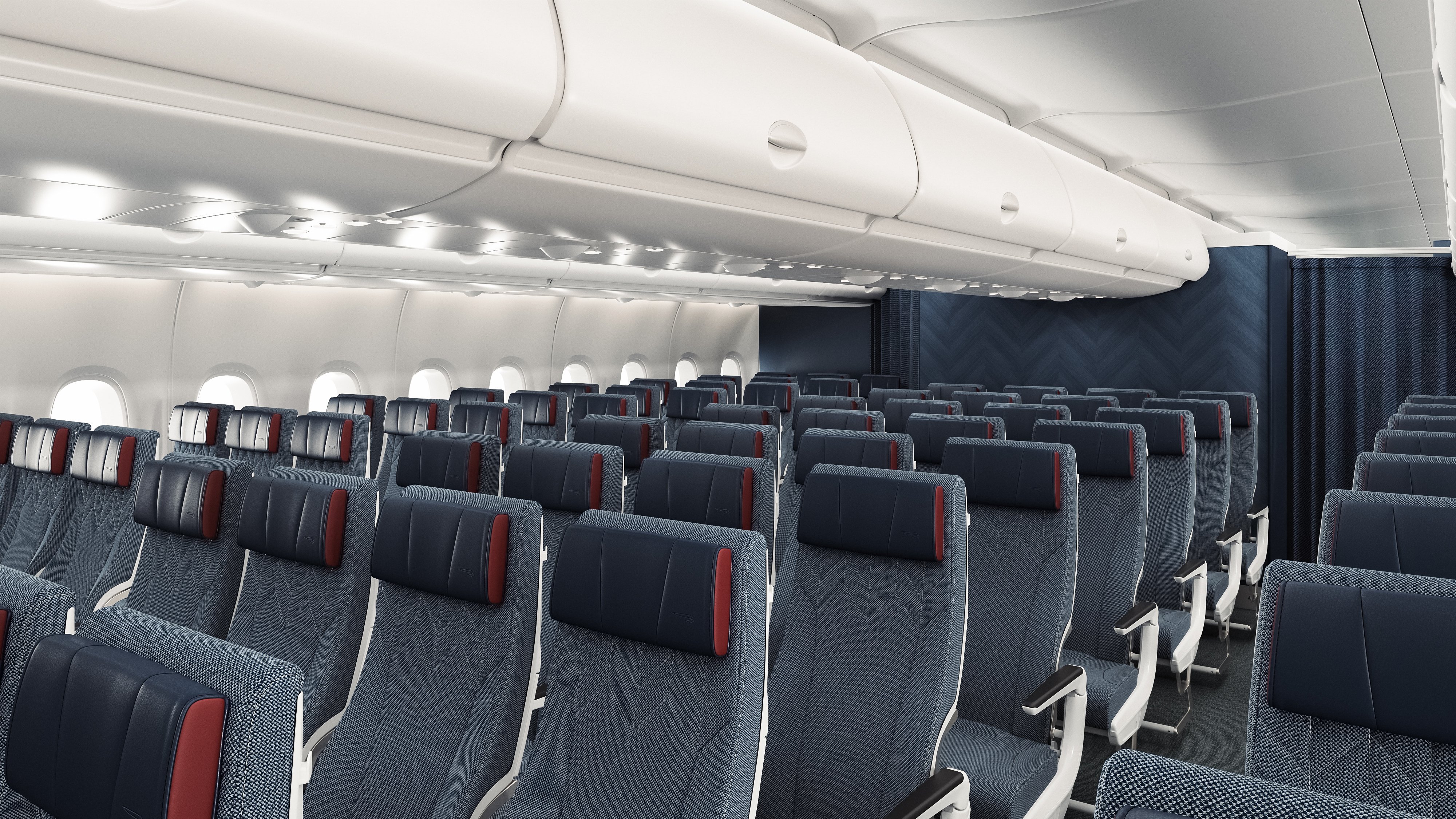 Rendering of the refurbished A380 Economy cabin with rows of blue seats.