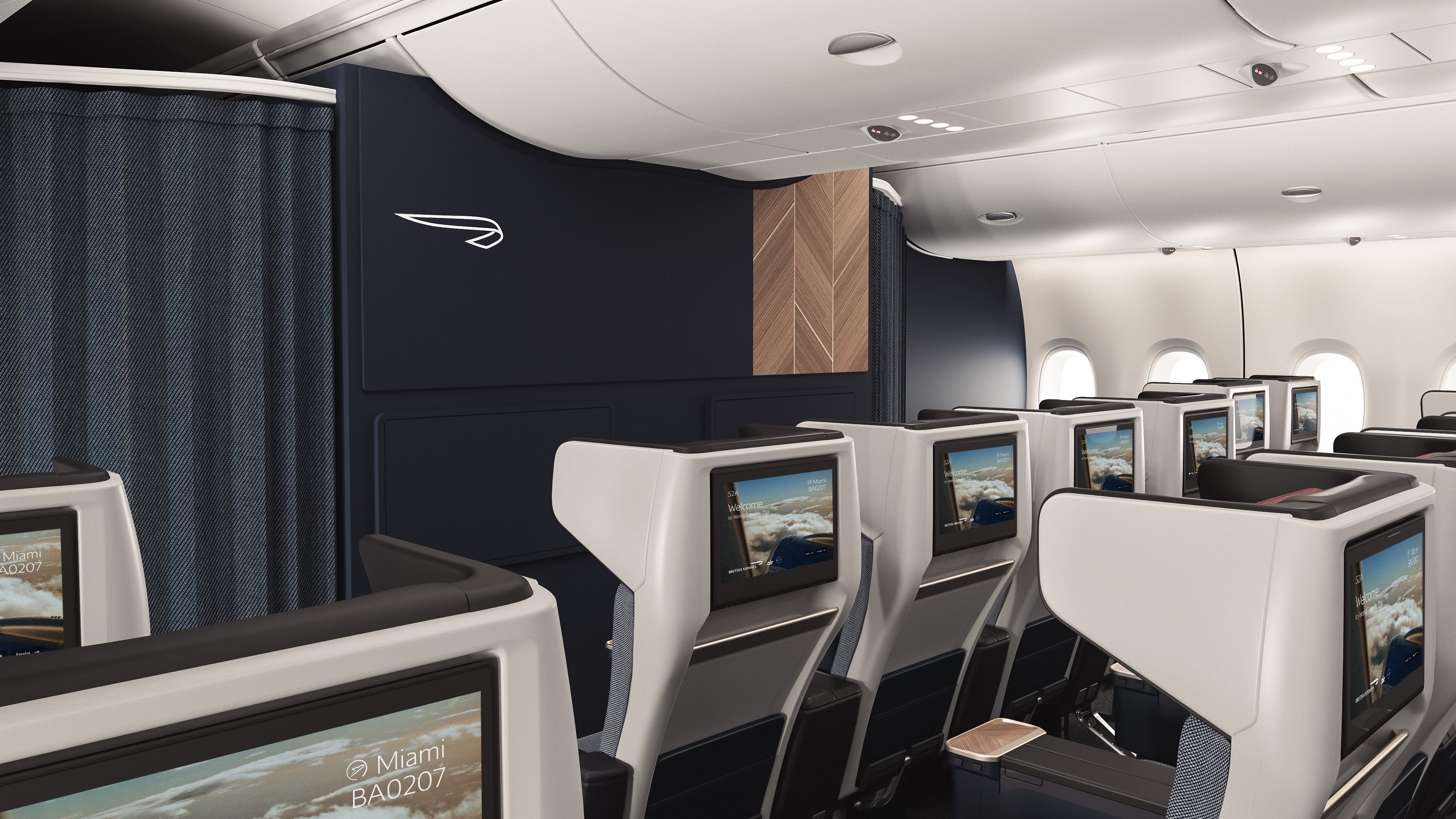 Rendering of the A380 Premium Economy cabin viewed from behind the seats, showing entertainment screens.