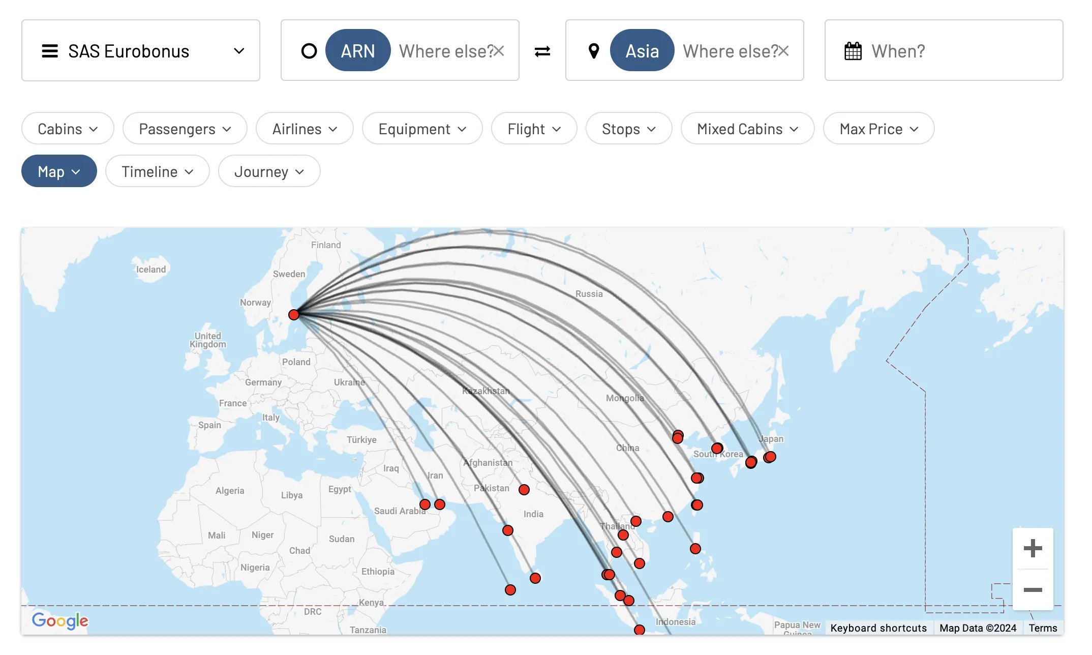 Award flights from Stockholm to Asia with SAS EuroBonus points.