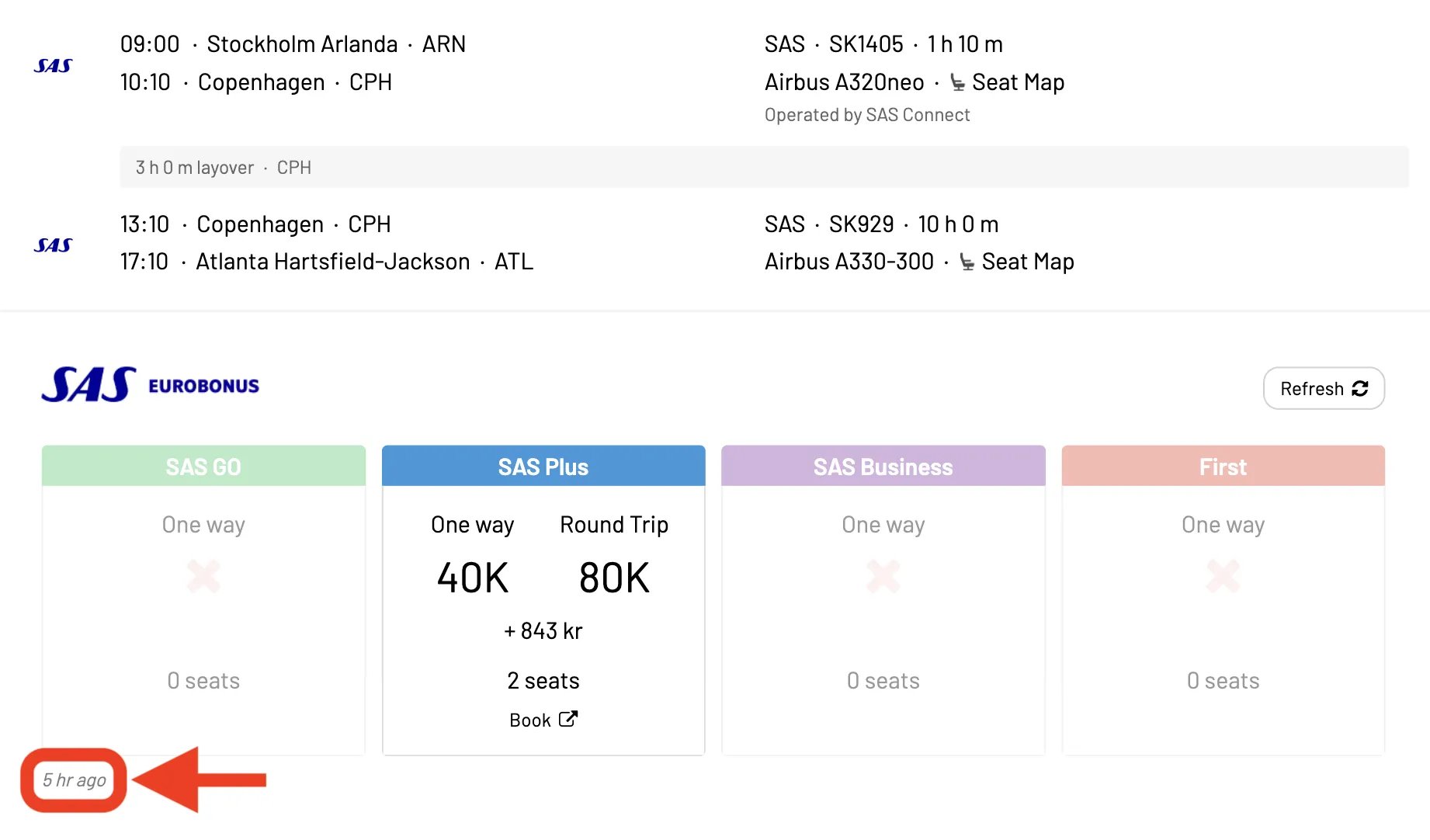 Broad award flight search using AwardFares, refreshing cached results.