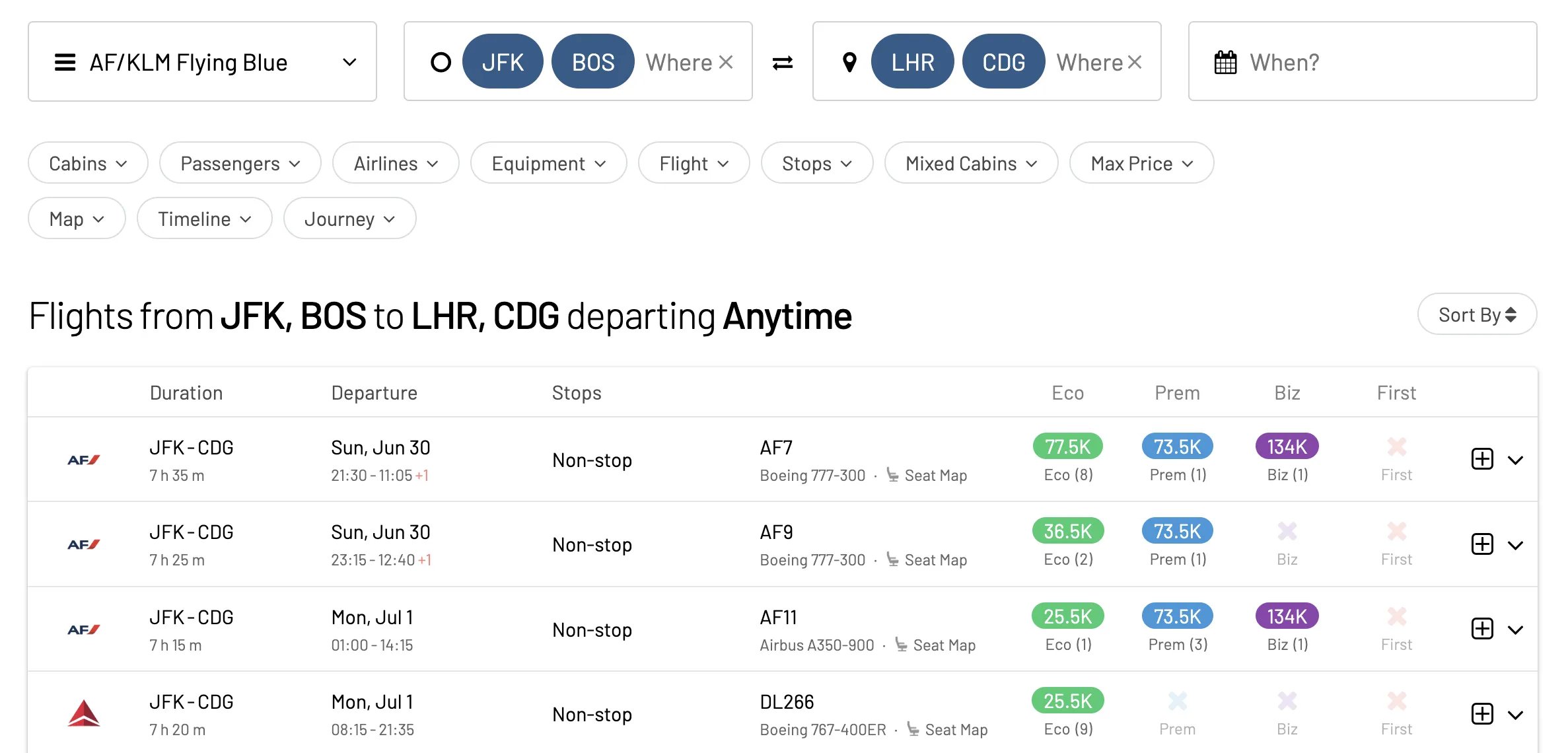 Traditional award flight search using AwardFares.
