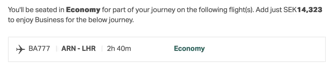 Price difference for business class on a short-haul connection