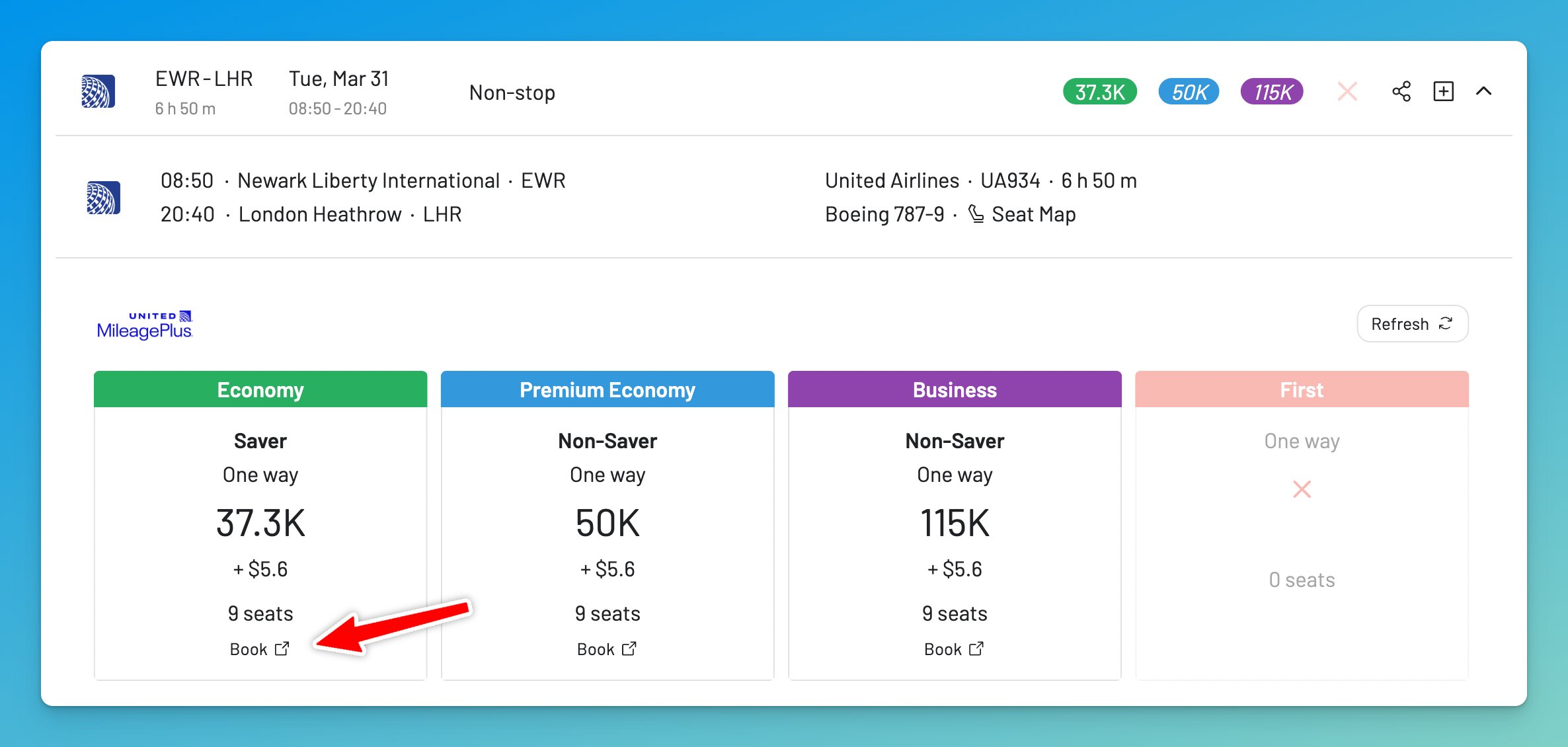 Details of a cheap Economy saver award flight found on AwardFares.