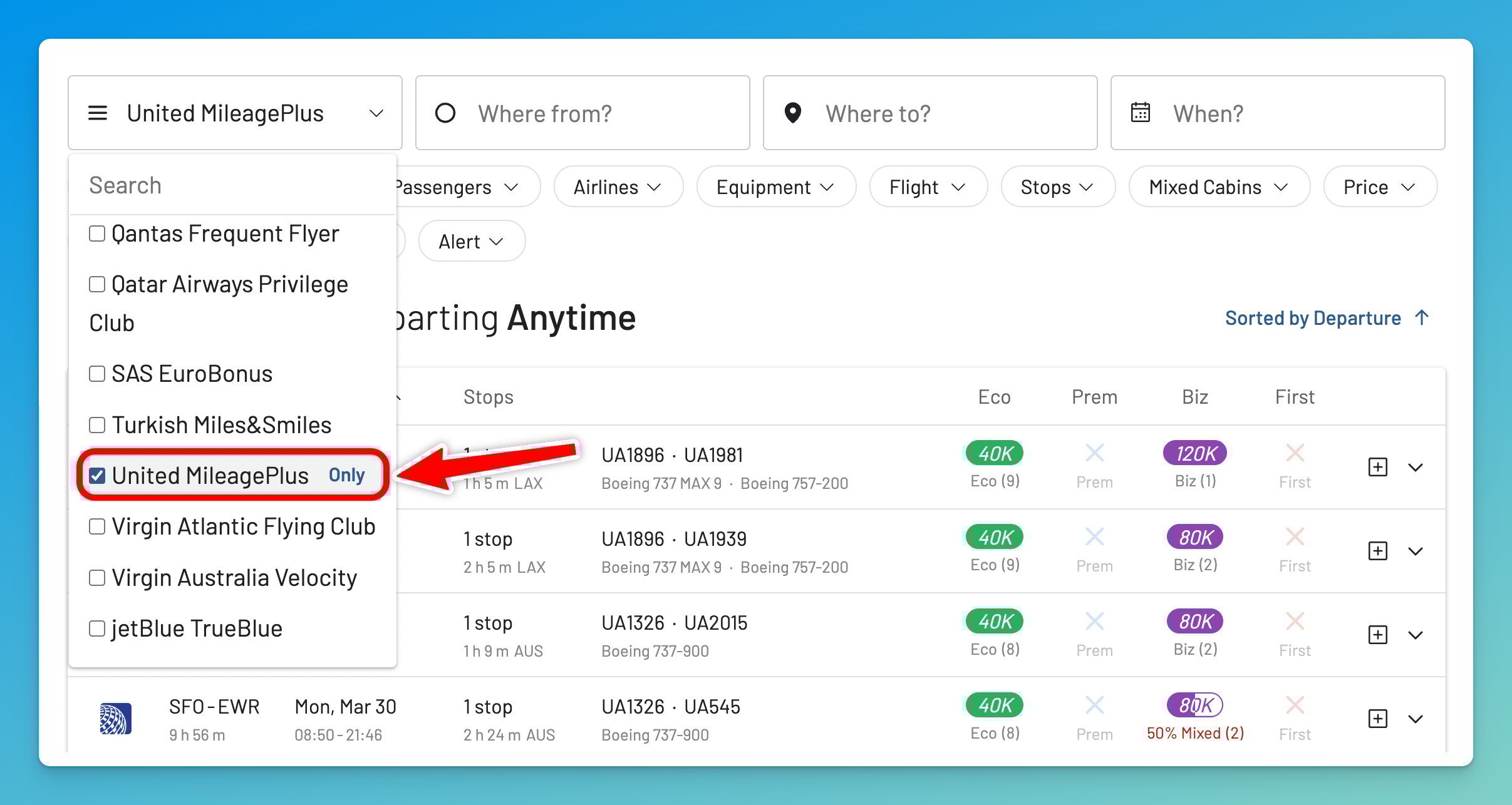 Select one or more Frequent Flyer Programs in AwardFares to compare award flight prices.