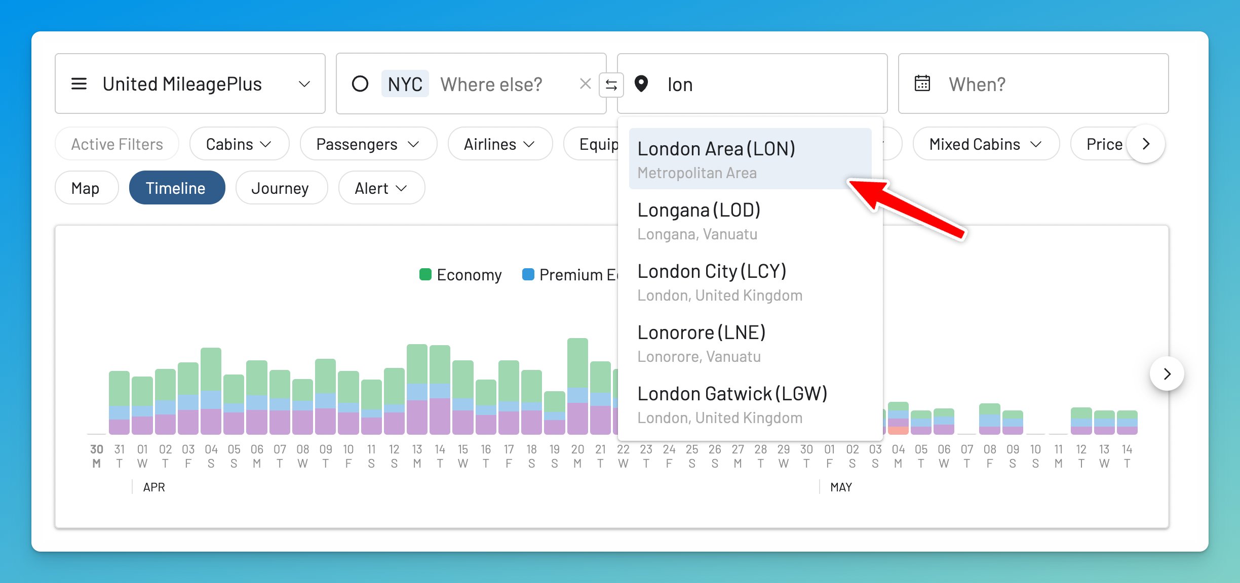 Enter Origin and Destination airports in AwardFares to find cheap award flights.