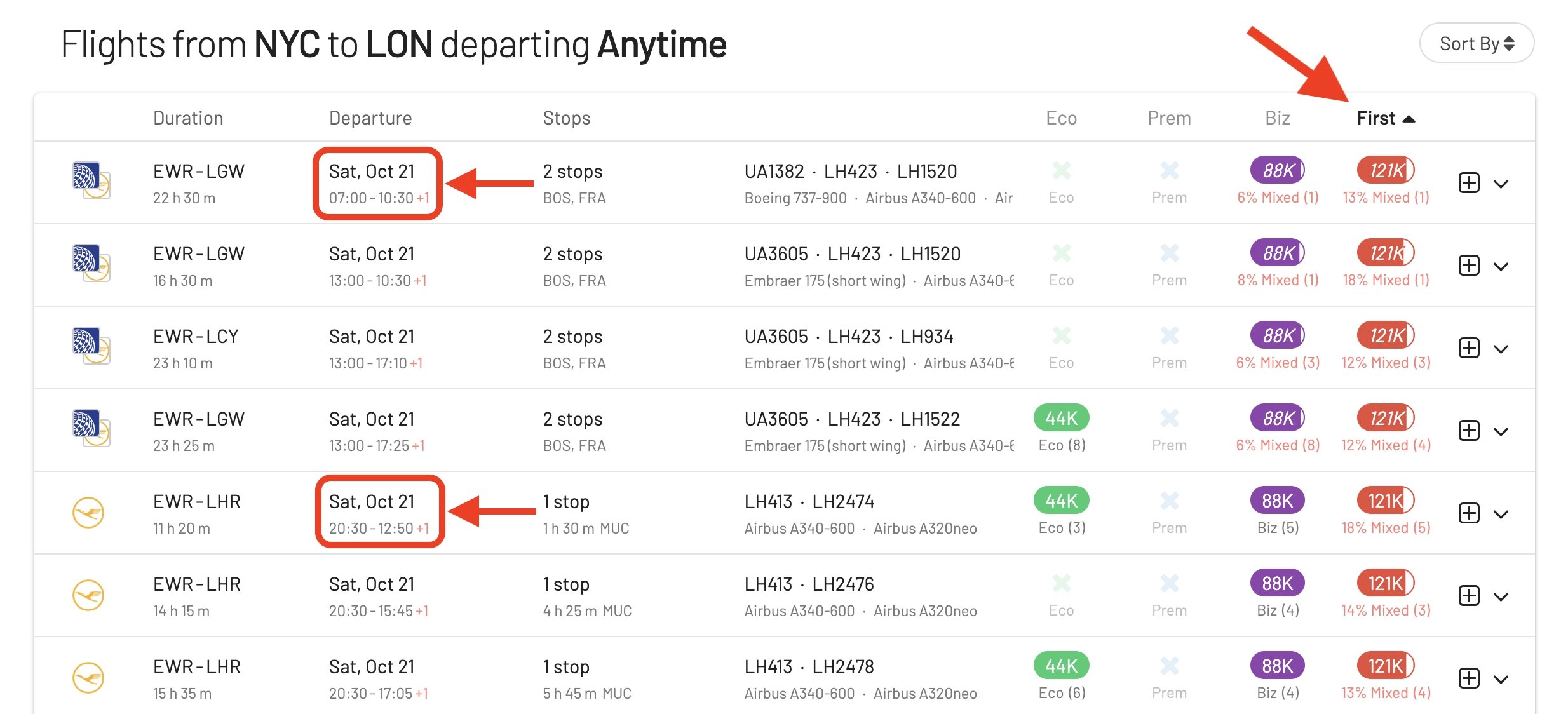 Encontrando los vuelos con millas más baratos en Primera Clase, incluyendo opciones de cabina mixta, con AwardFares.