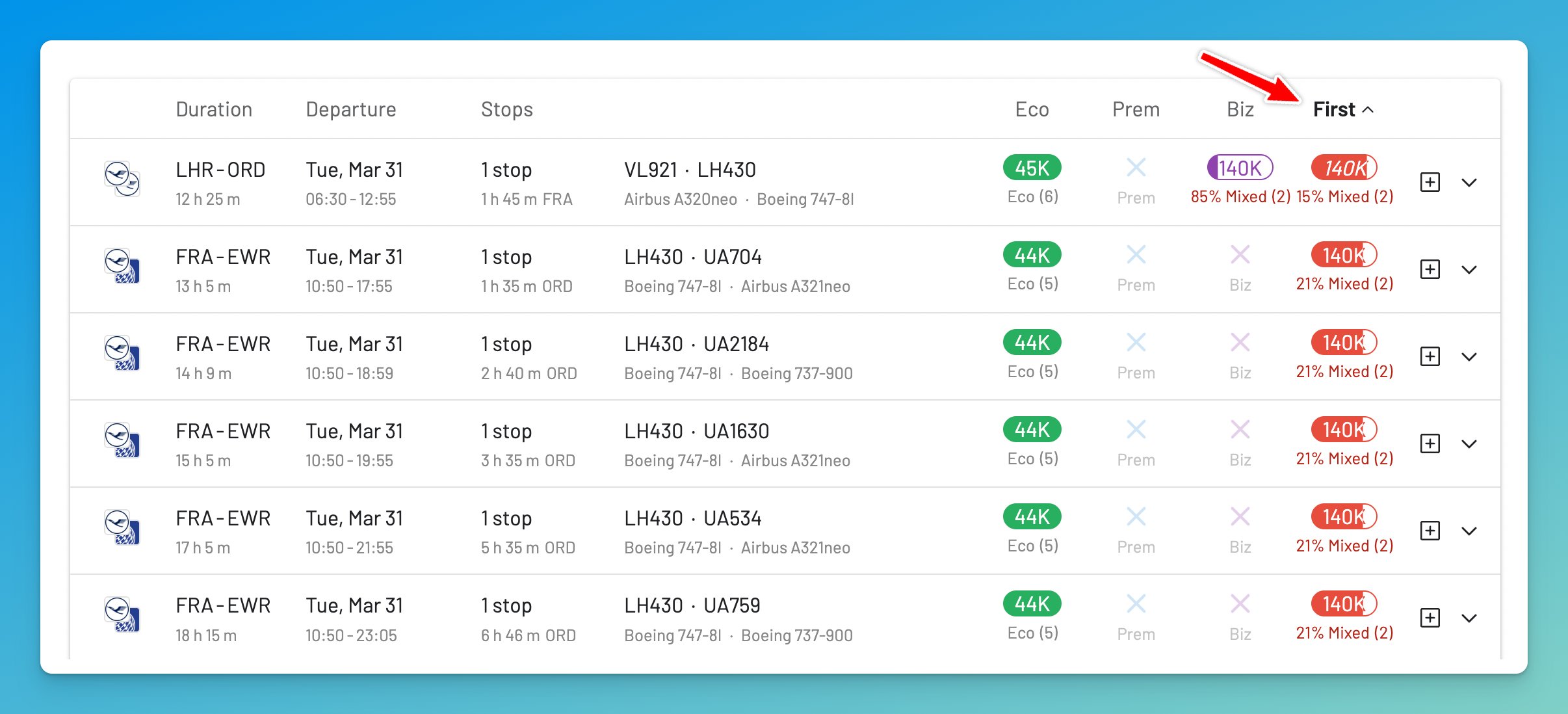 Finding the cheapest First Class award flights, including mixed-cabin options, with AwardFares.