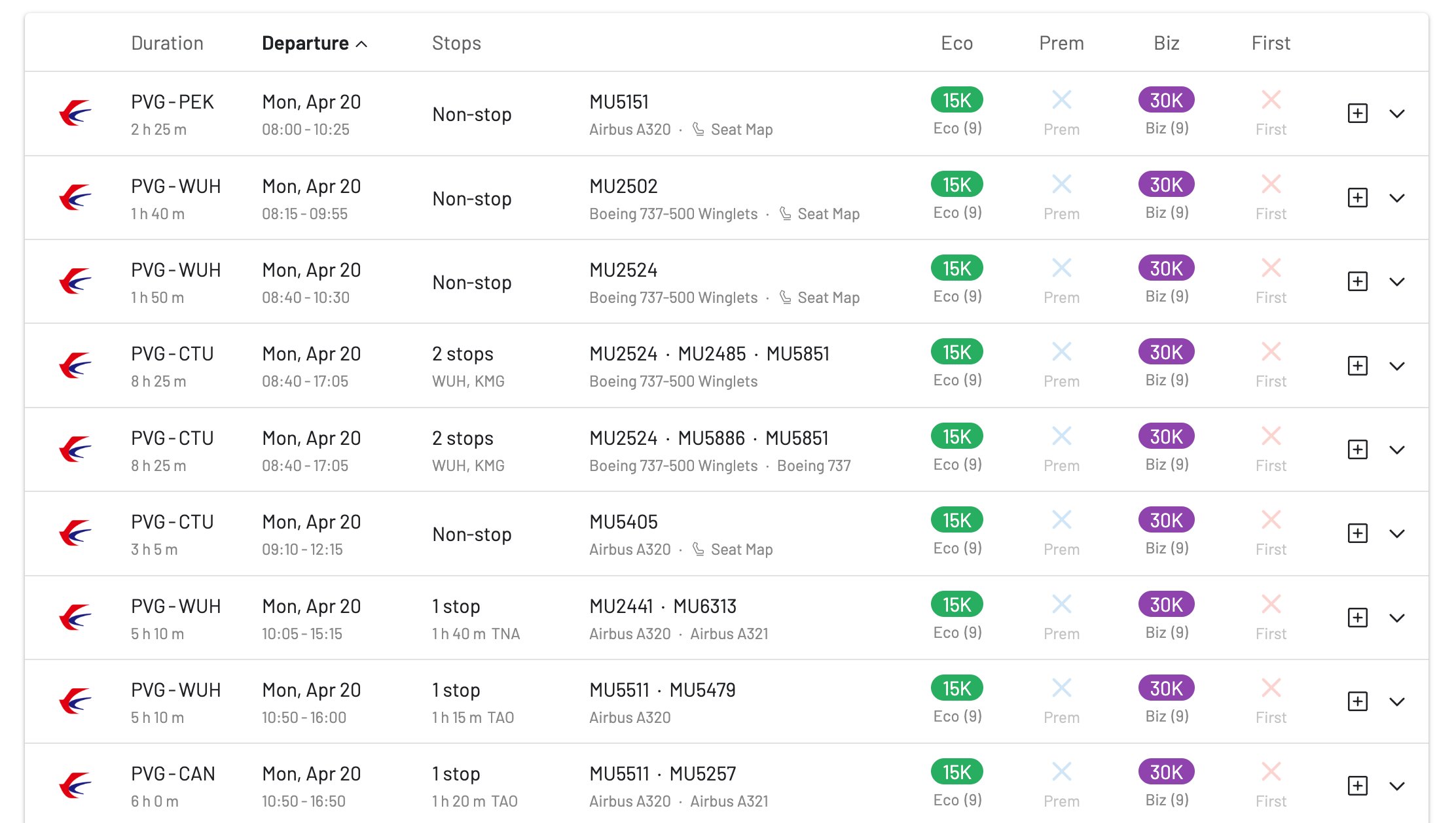 China Eastern Domestic availability