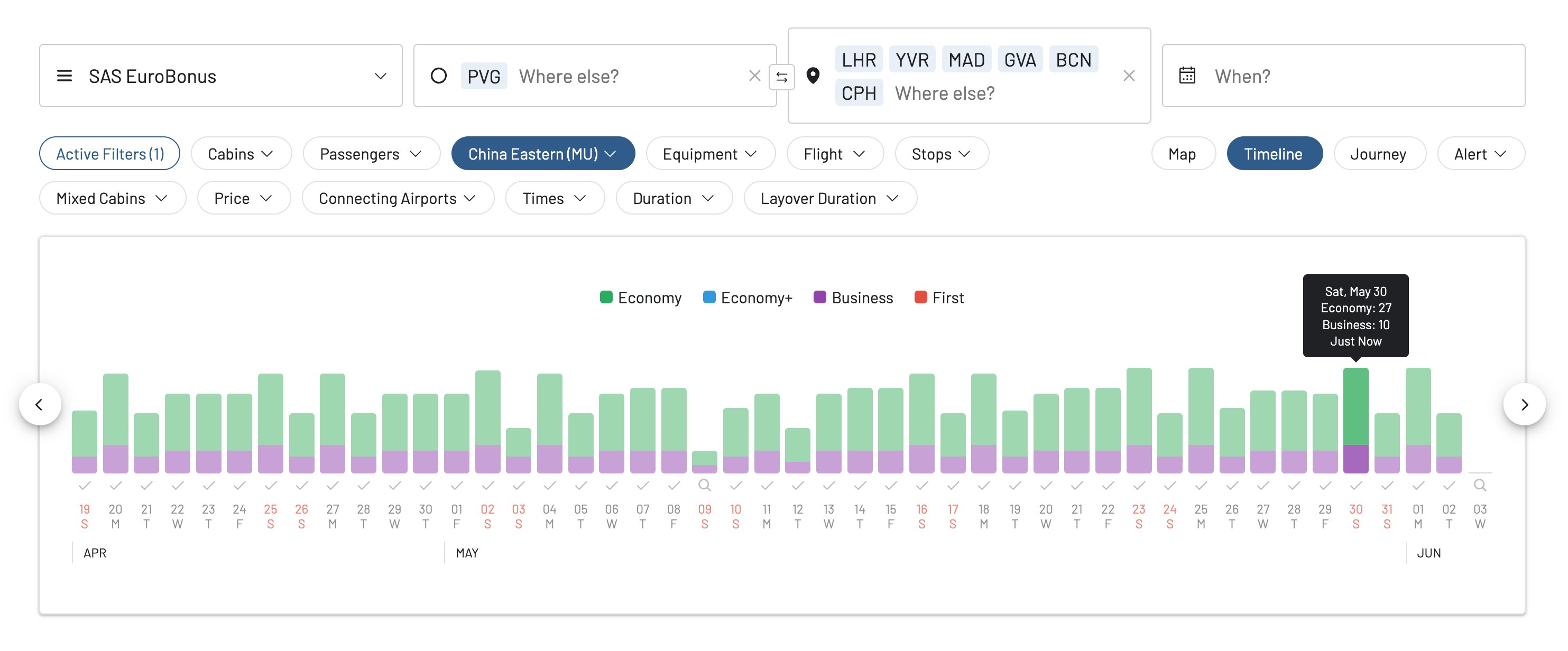 China Eastern availability Shanghai to Europe SAS EuroBonus