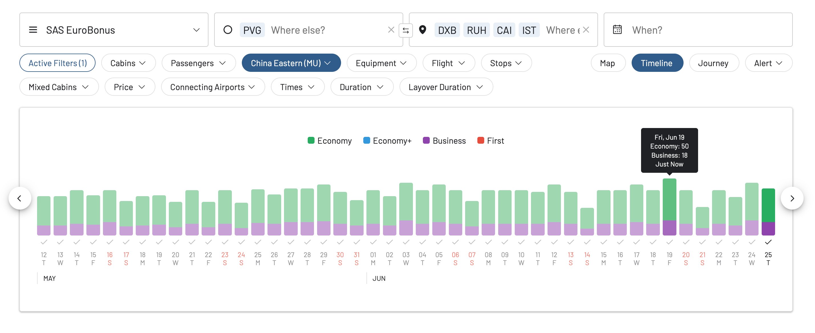 China Eastern availability Shanghai to Middle East