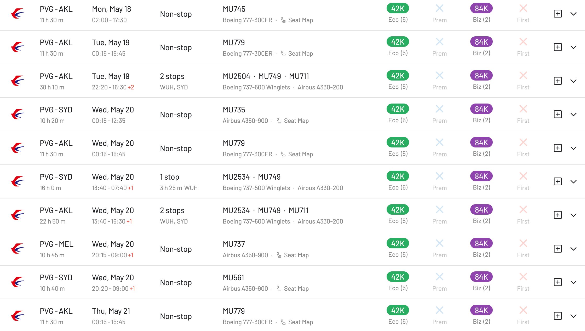 China Eastern availability Shanghai to Australia SAS EuroBonus