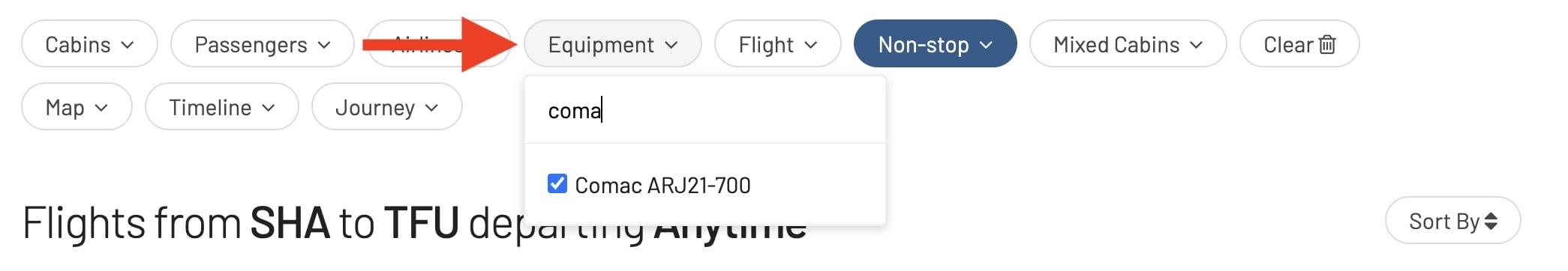 Finding award flights operated by COMAC planes using AwardFares.