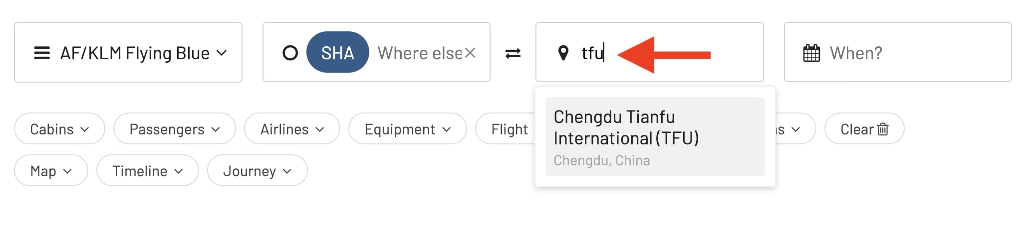 Finding award flights operated by COMAC planes using AwardFares.