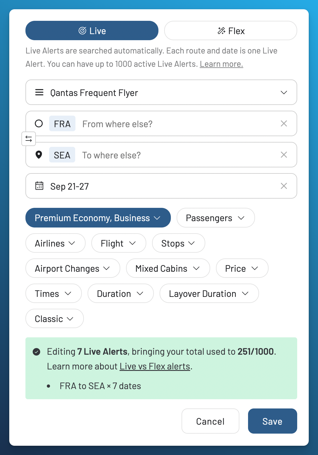 AwardFares Live Alert editor for Qantas rewards from Frankfurt to Seattle, September 21 to 27, in Premium Economy or Business Class, with no airline filter selected.