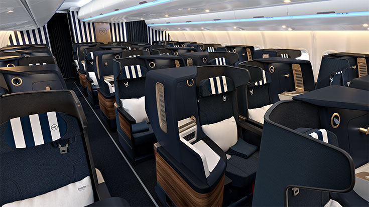 Condor A330neo Business Class cabin with individual window seats and paired center seats.