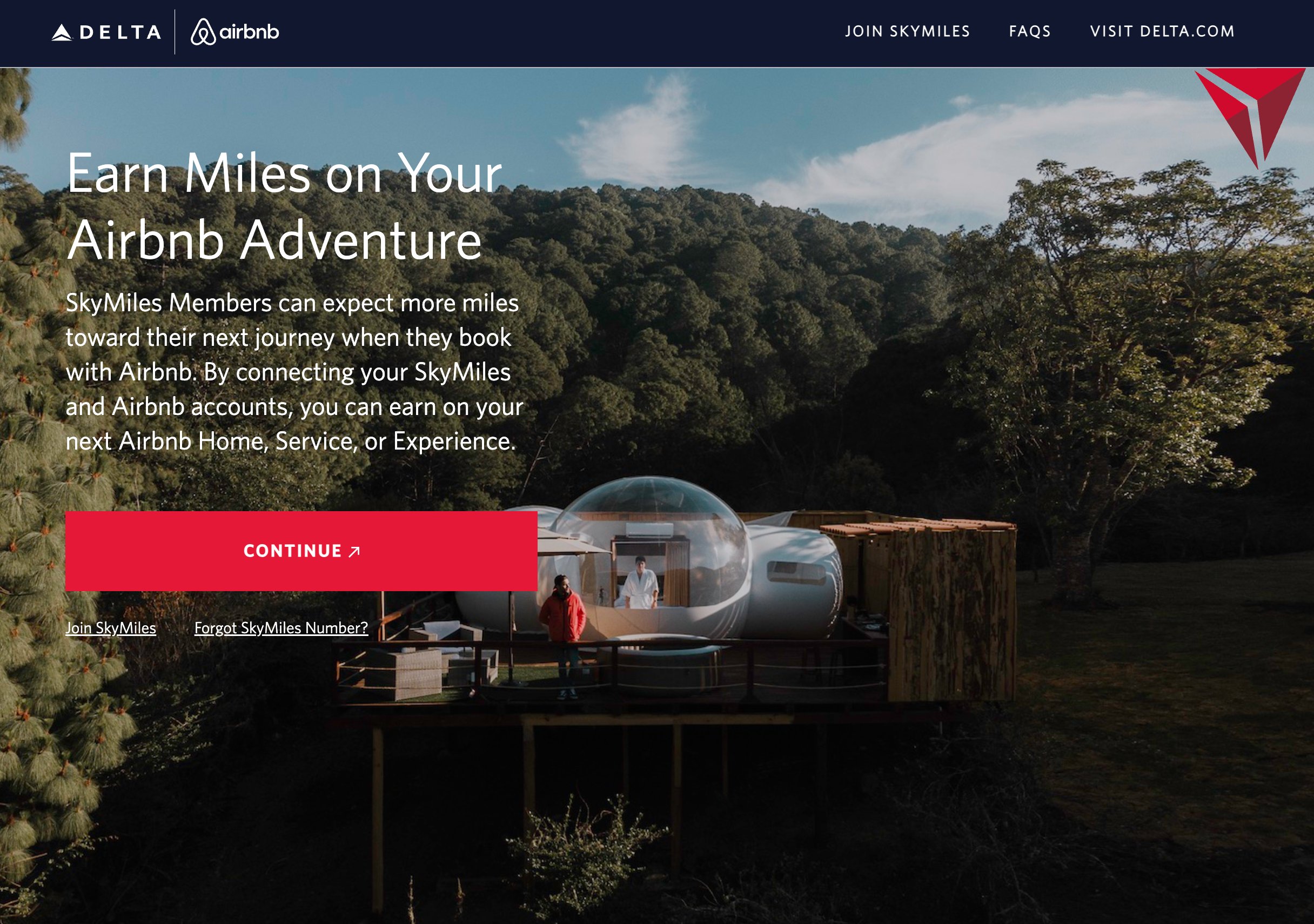 Delta SkyMiles + Airbnb account linking page at deltaairbnb.com