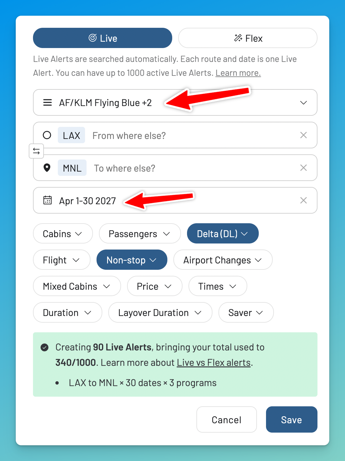 Setting up an AwardFares Live Alert for Los Angeles to Manila across Flying Blue and other partner programs, filtered by airline, non-stop flights, and a full month of dates.