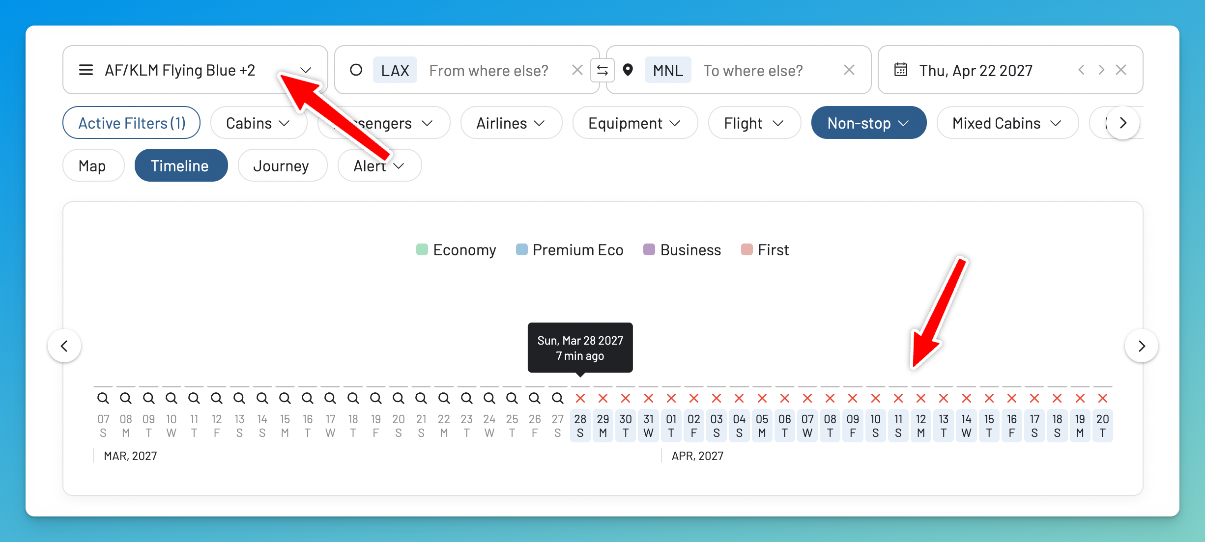 AwardFares Timeline View for Los Angeles to Manila using Flying Blue and other partner programs, showing no award availability on any date after the route launches.