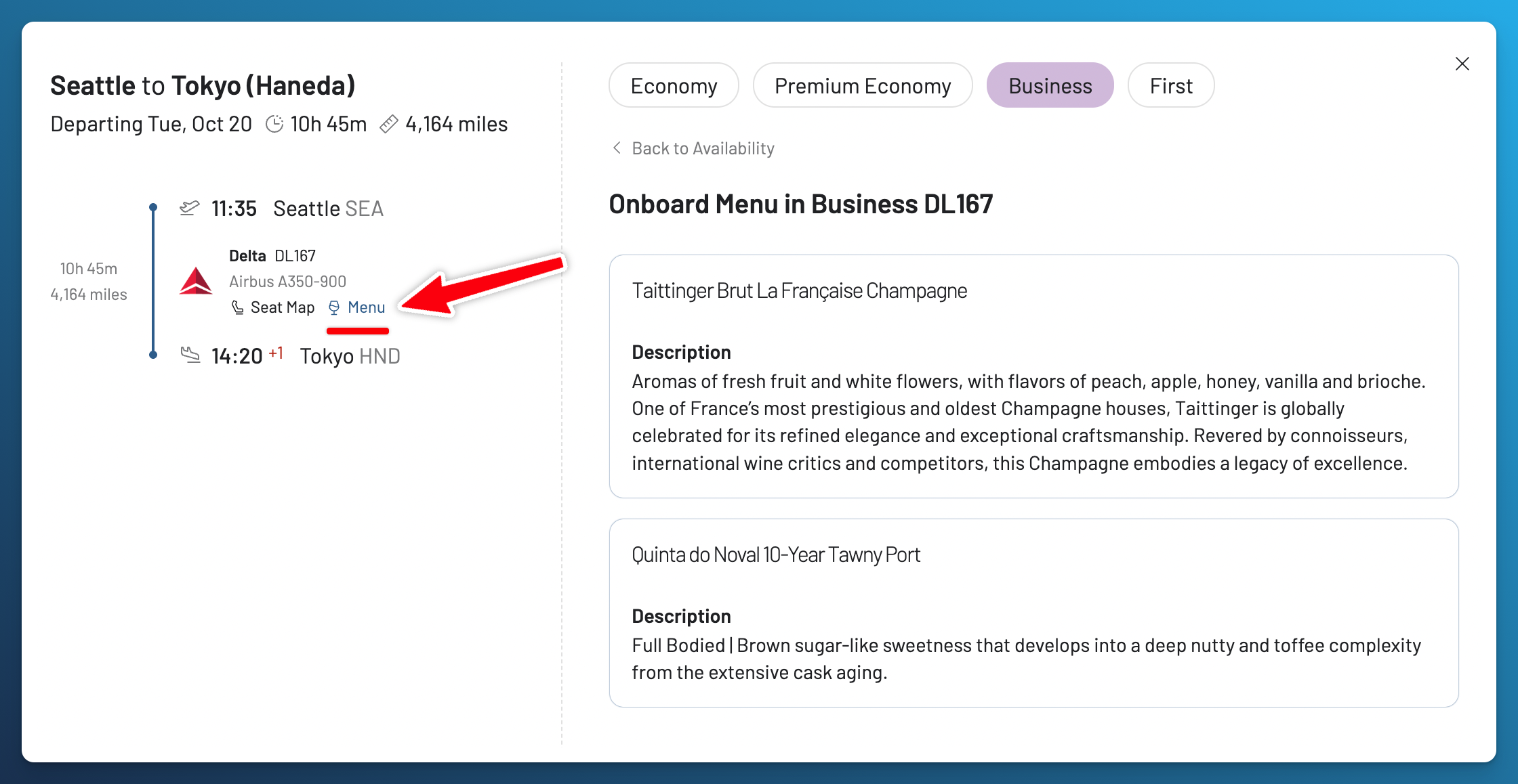 AwardFares flight details for Delta DL167 from Seattle to Tokyo Haneda, with the Menu link highlighted and Business Class champagne and port selections displayed.