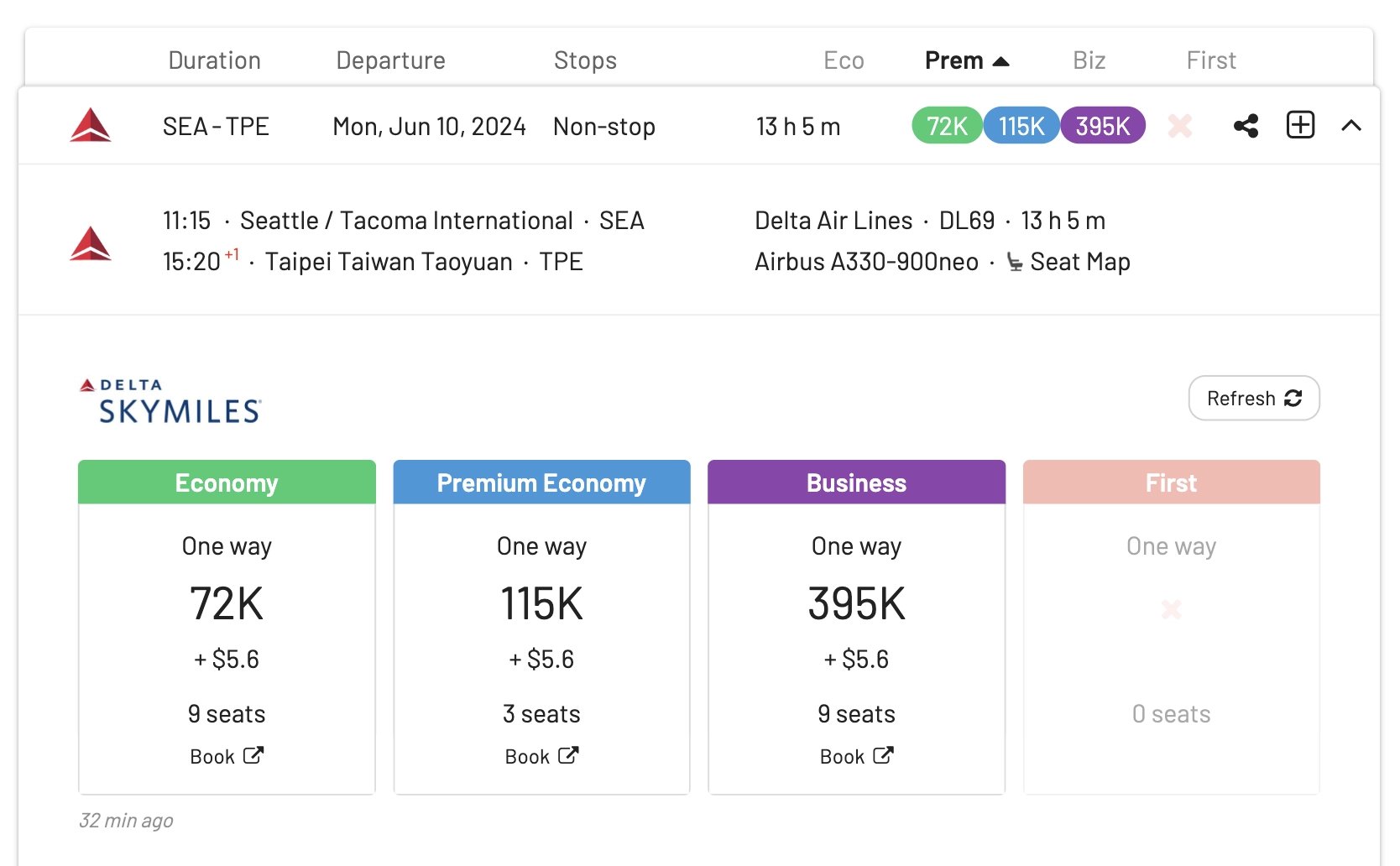 Seattle to Taipei using Delta SkyMiles miles.