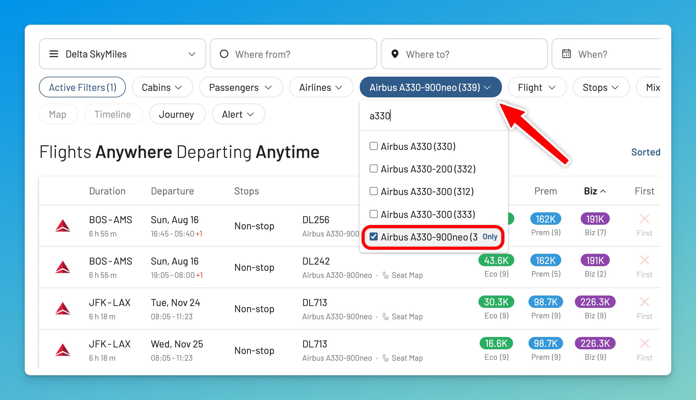 AwardFares Timeline View showing a full month of Delta SkyMiles award availability, useful for spotting which dates fly A330-900neo or A350-900 sub-fleets with Delta One Suites.