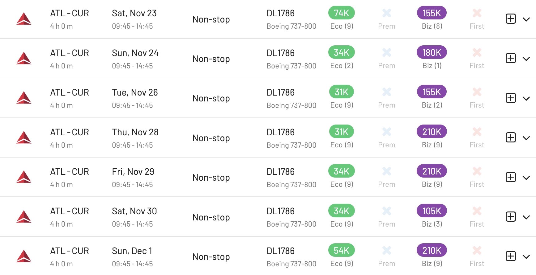 New Delta Air Lines route from Atlanta to Curacao . SkyMiles availability with AwardFares.