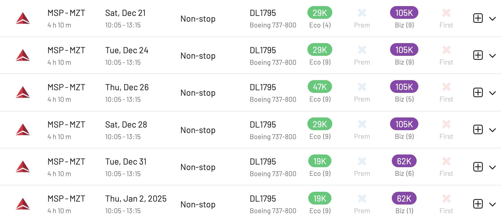New Delta Air Lines route from Minneapolis to Mazatlán . SkyMiles availability with AwardFares.