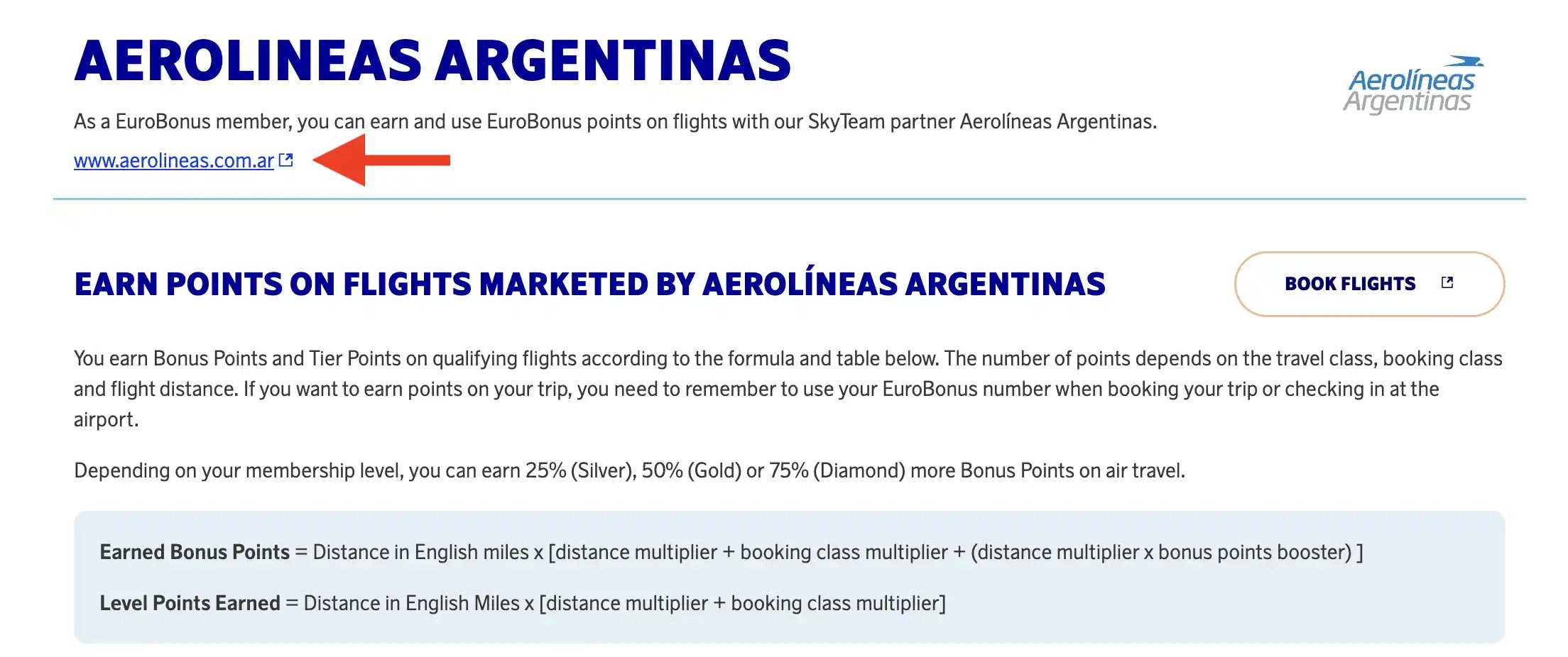 Claim EuroBonus points for flights with Aerolíneas Argentinas.