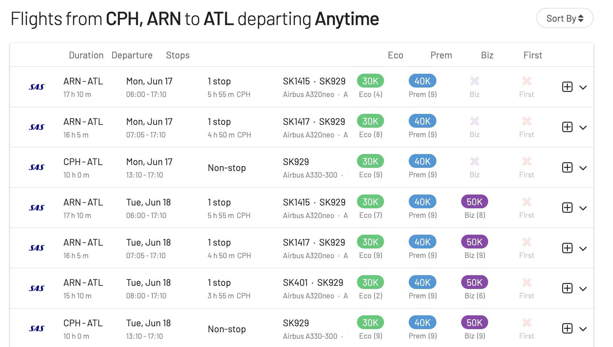 50% point discount on flights to Atlanta with EuroBonus points (Results).