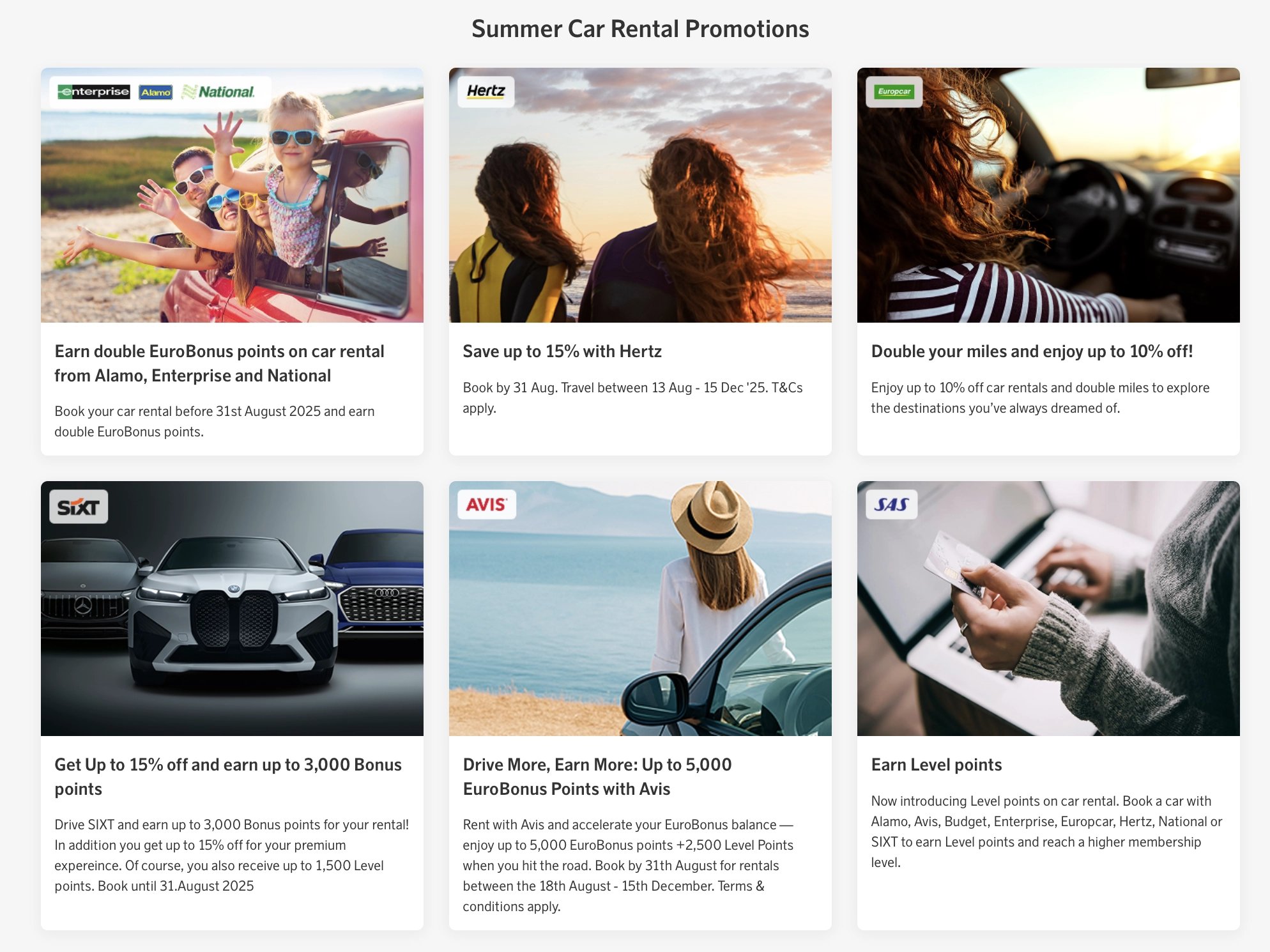 Various car rental summer offers by SAS EuroBonus including Avis, Hertz, and SIXT