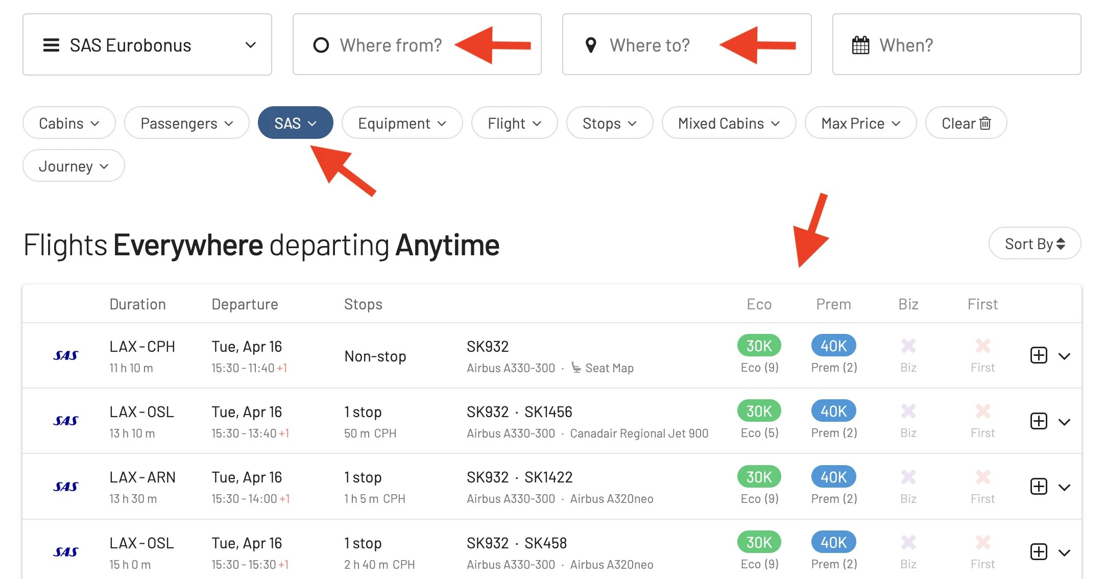 Search for flights using EuroBonus points using AwardFares.