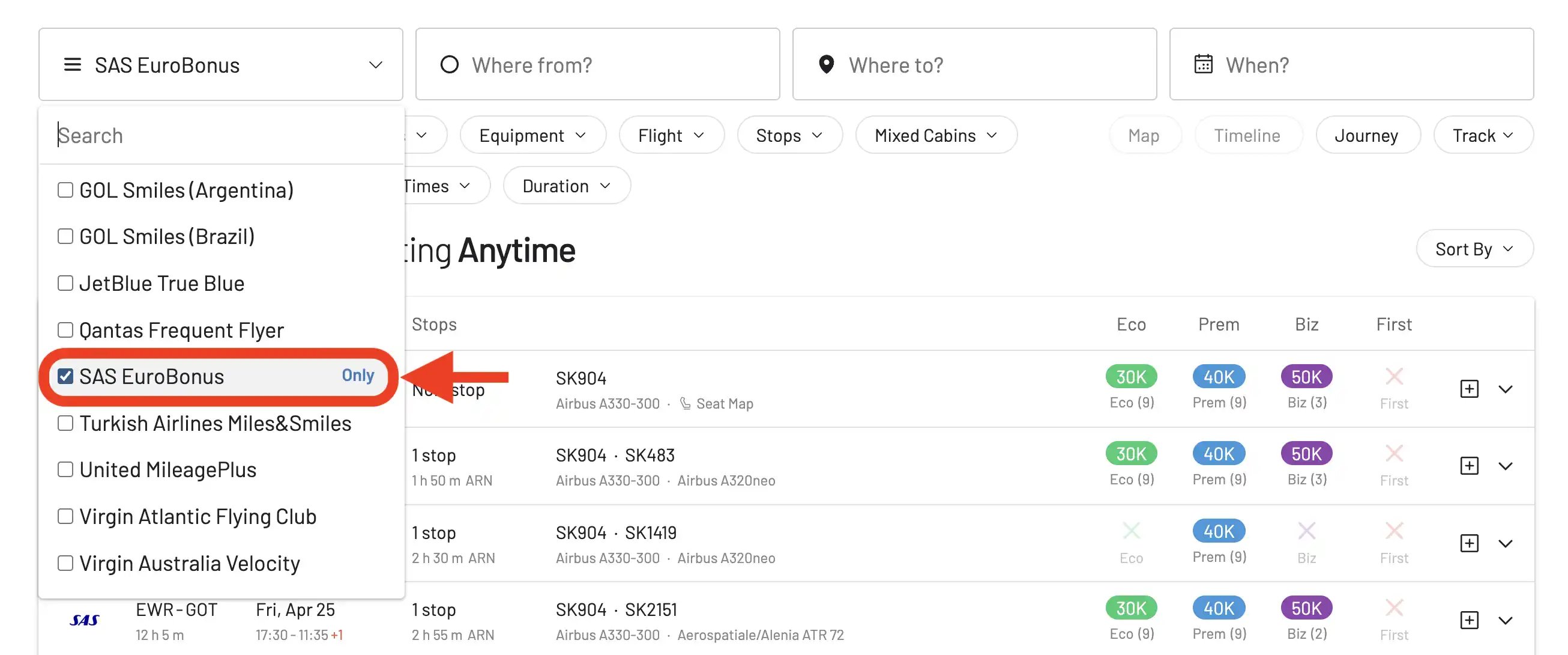 Select Frequent Flyer Program in AwardFares.