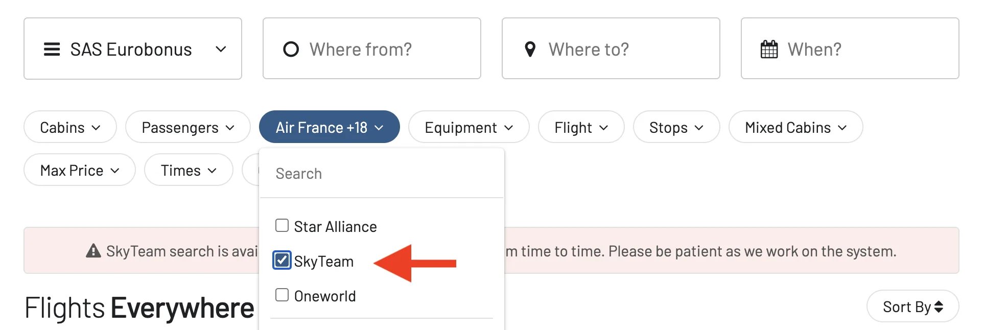 Select SkyTeam as under Airlines in AwardFares.