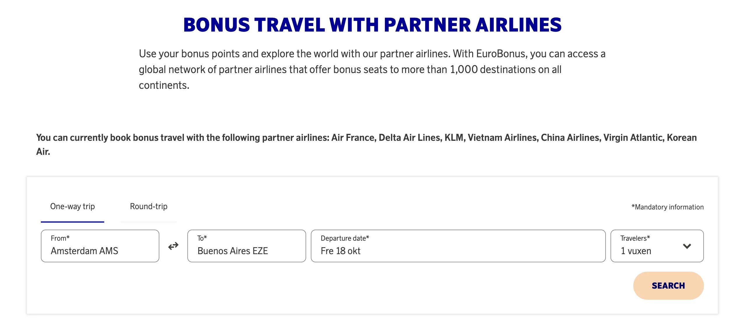 EuroBonus Search Portal for SkyTeam Flights (2024).