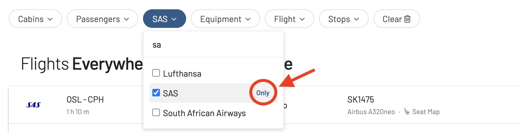 AwardFares filter by airline.