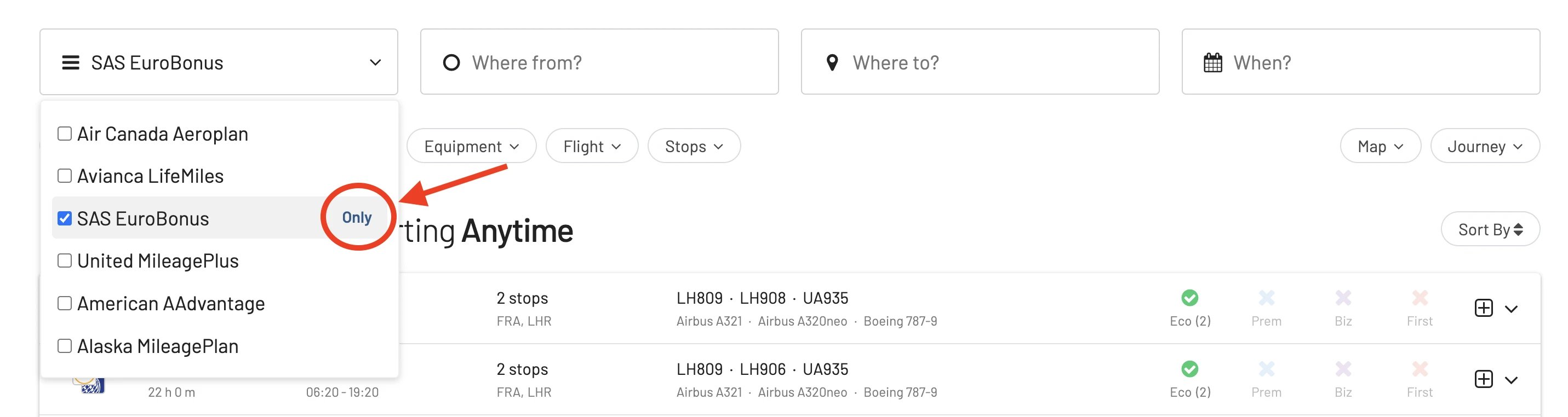 AwardFares filter by frequent flyer program.