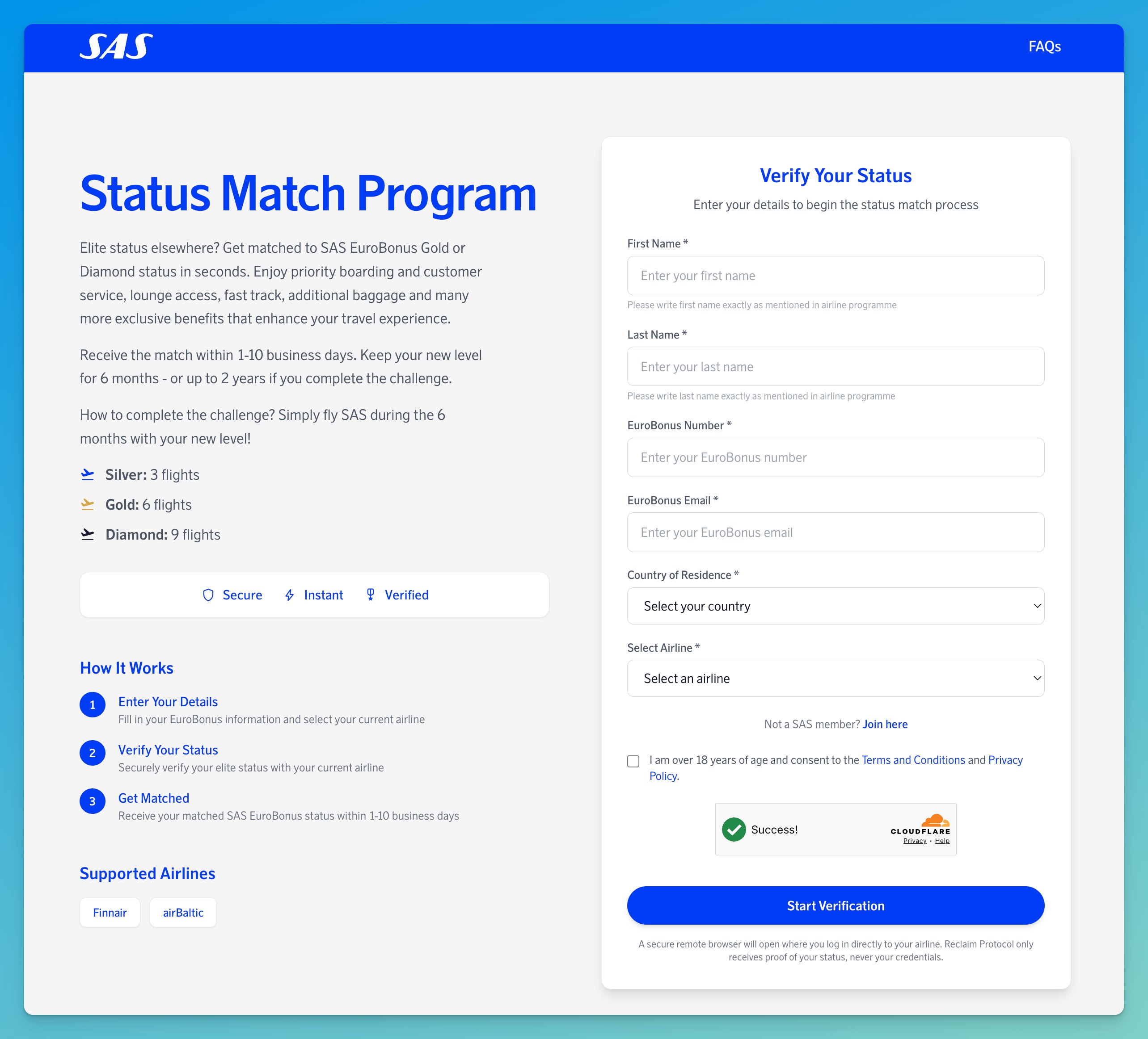 SAS EuroBonus Status Match via Reclaim Protocol for Finnair and airBaltic members.