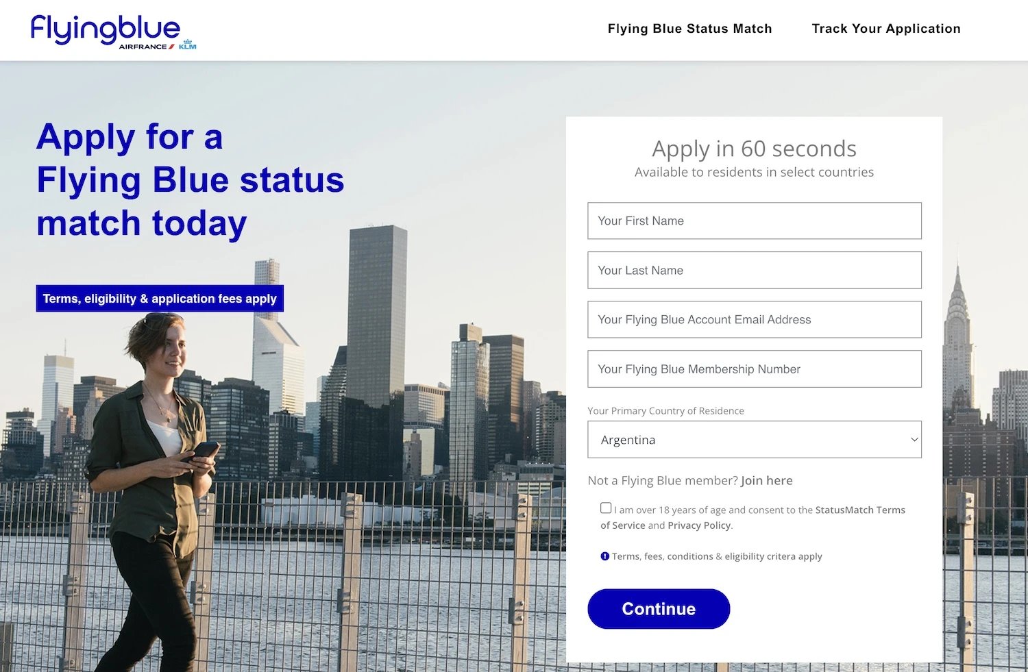 FlyingBlue Status Match online submission form and tracking.