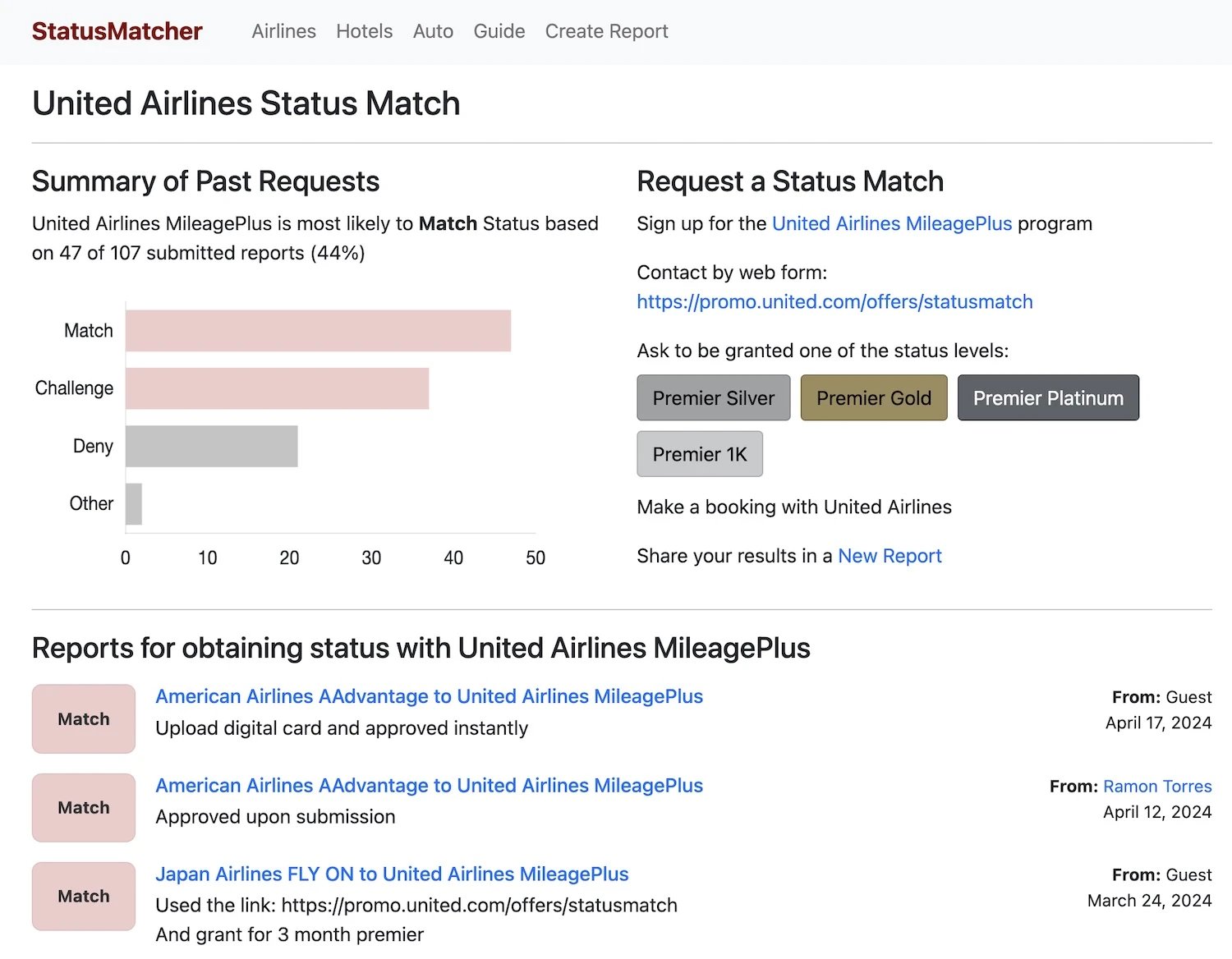 StatusMatcher.com shows you opportunities for status matching your status level.