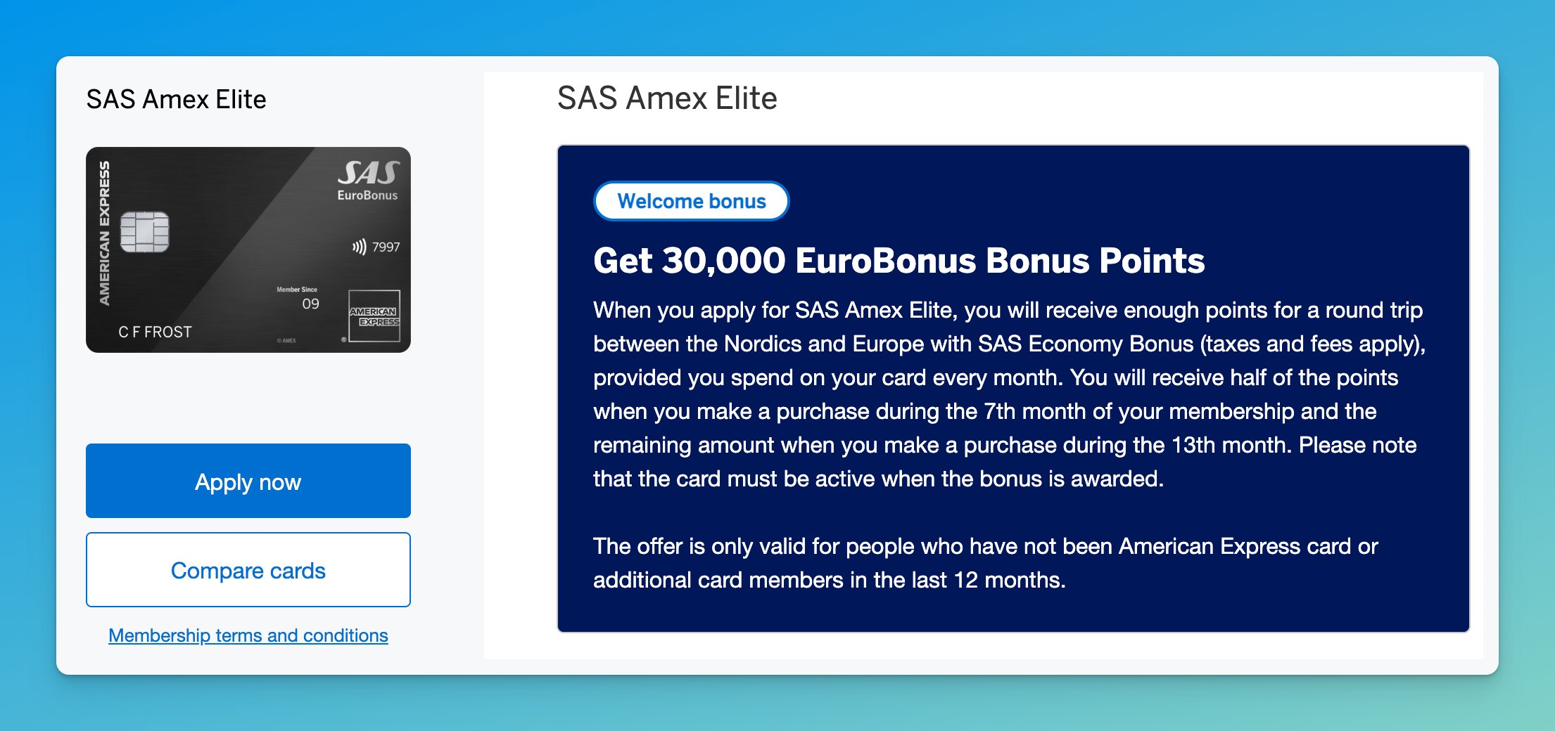 SAS Amex Elite Card - 30,000 Bonus Points Offer