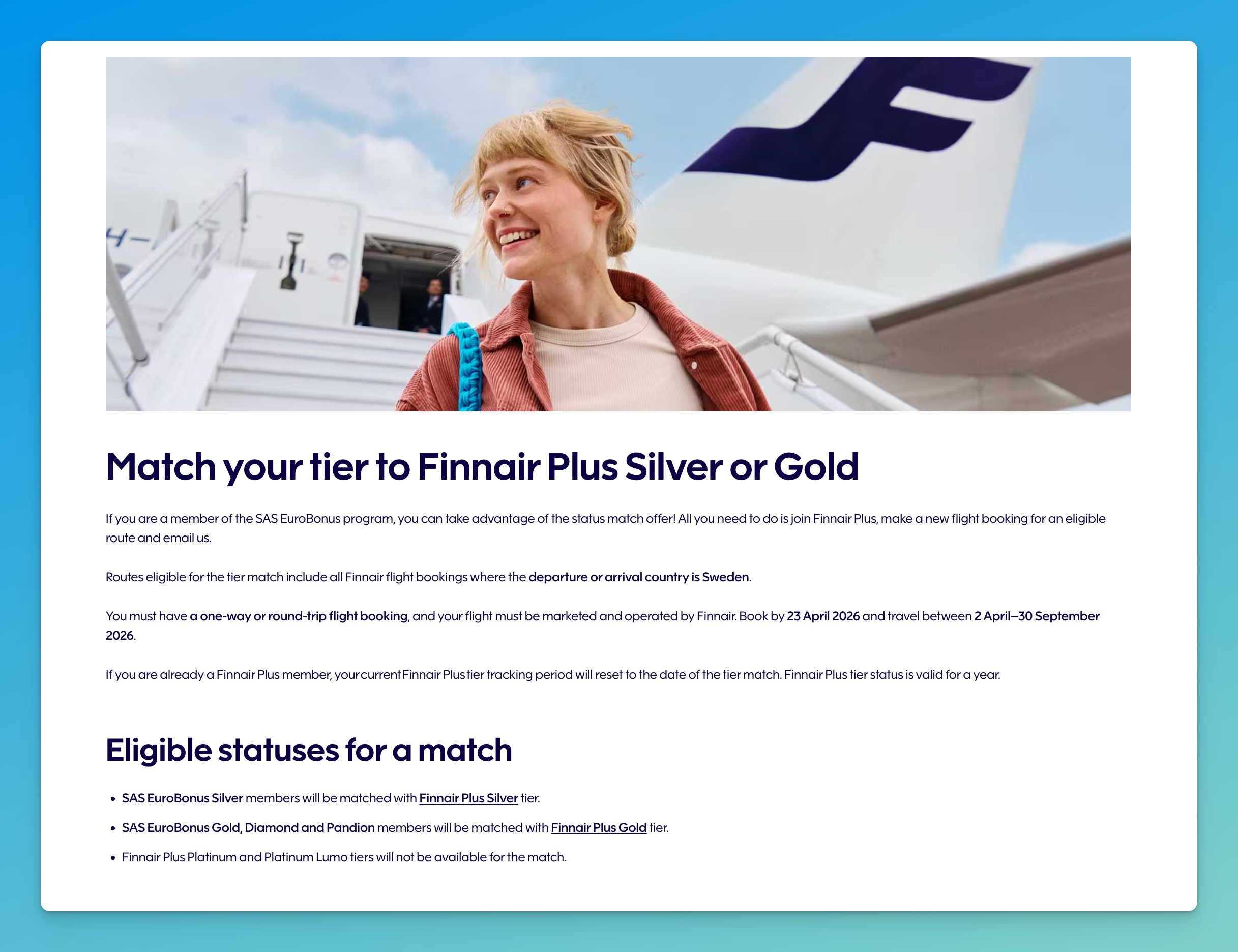 Finnair Plus Status Match for EuroBonus Members