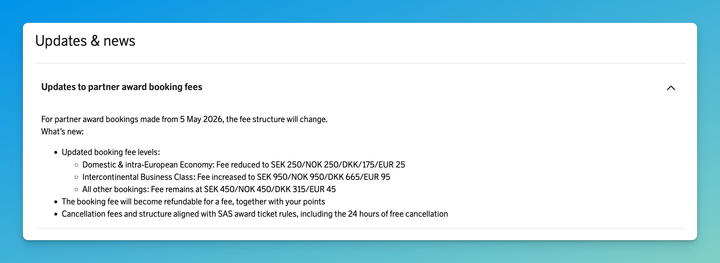 SAS EuroBonus partner award booking fees changing on May 5 2026