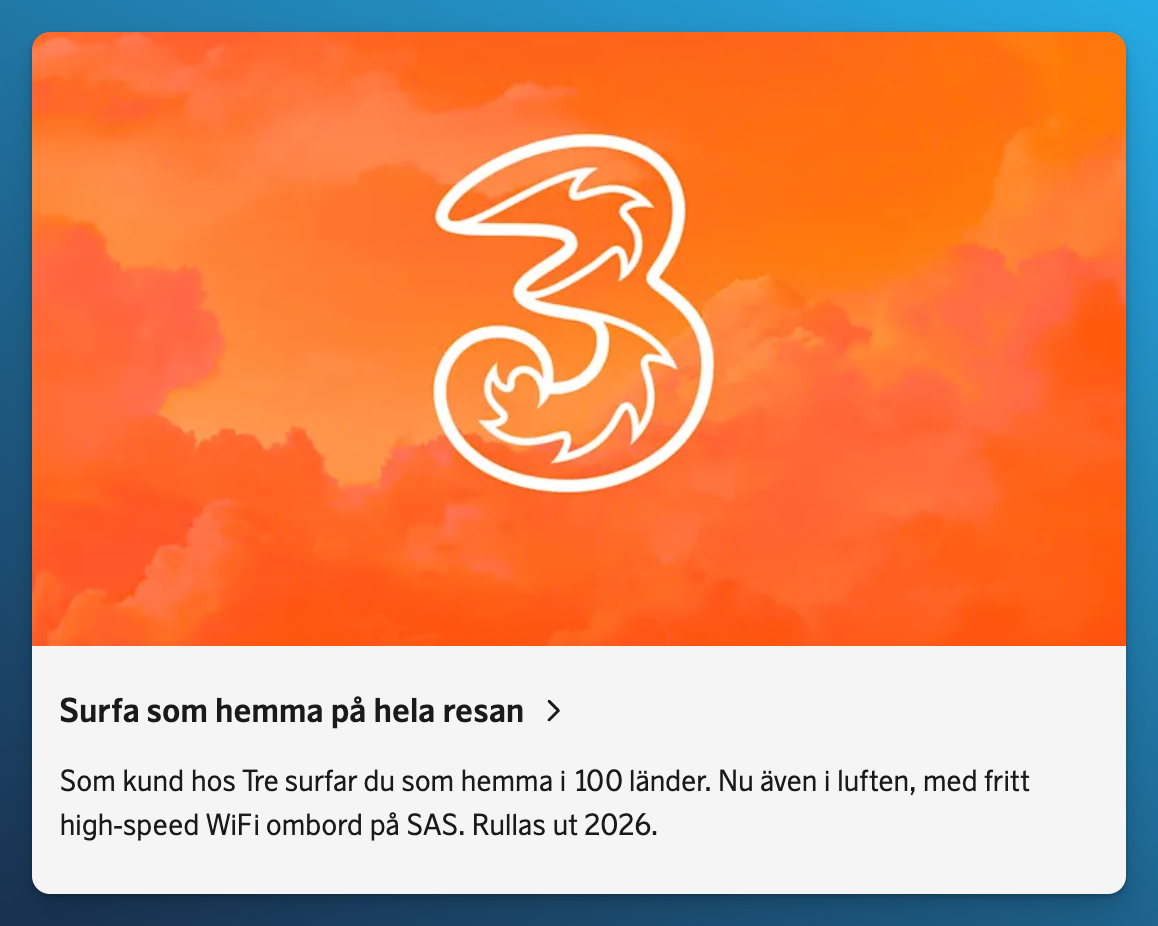 Free high-speed WiFi onboard SAS for Tre customers, rolling out during 2026