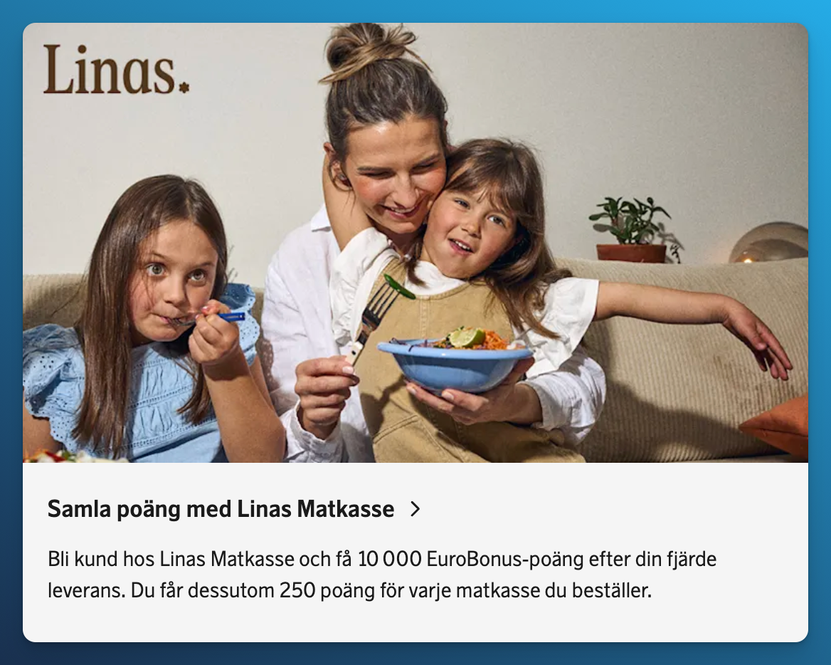 Linas Matkasse EuroBonus offer, 10,000 points after the fourth delivery and 250 points per box