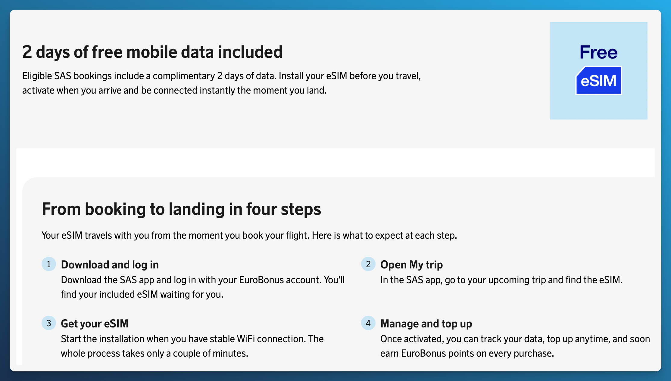 Free travel eSIM on eligible SAS bookings, two days of mobile data in over 190 countries