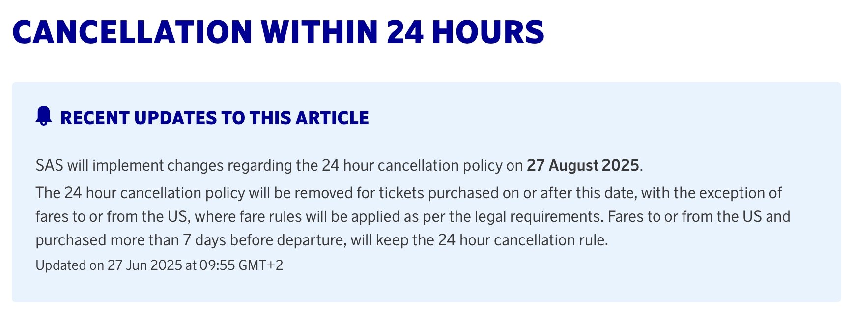 SAS removes 24-hour free cancellation policy