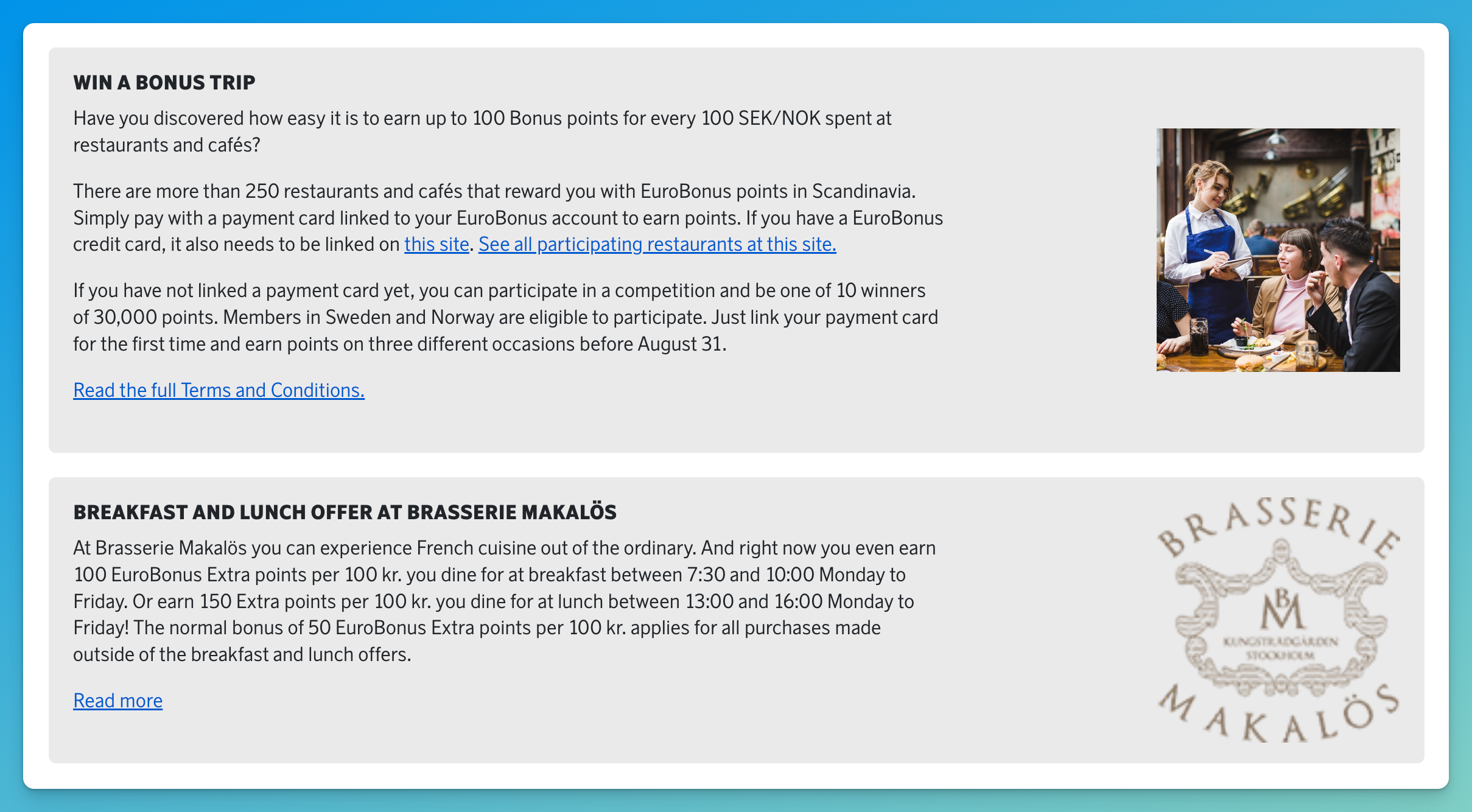 SAS EuroBonus restaurant sweepstakes, pay three times before August 31 for a chance to win 30,000 points