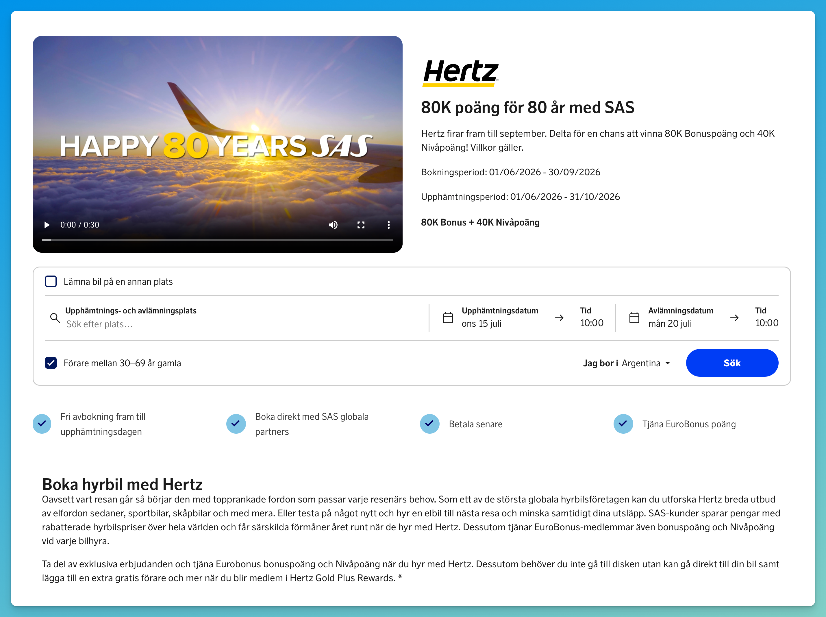 SAS EuroBonus Hertz 80th-anniversary prize draw to win 80,000 Bonus points and 40,000 Level points
